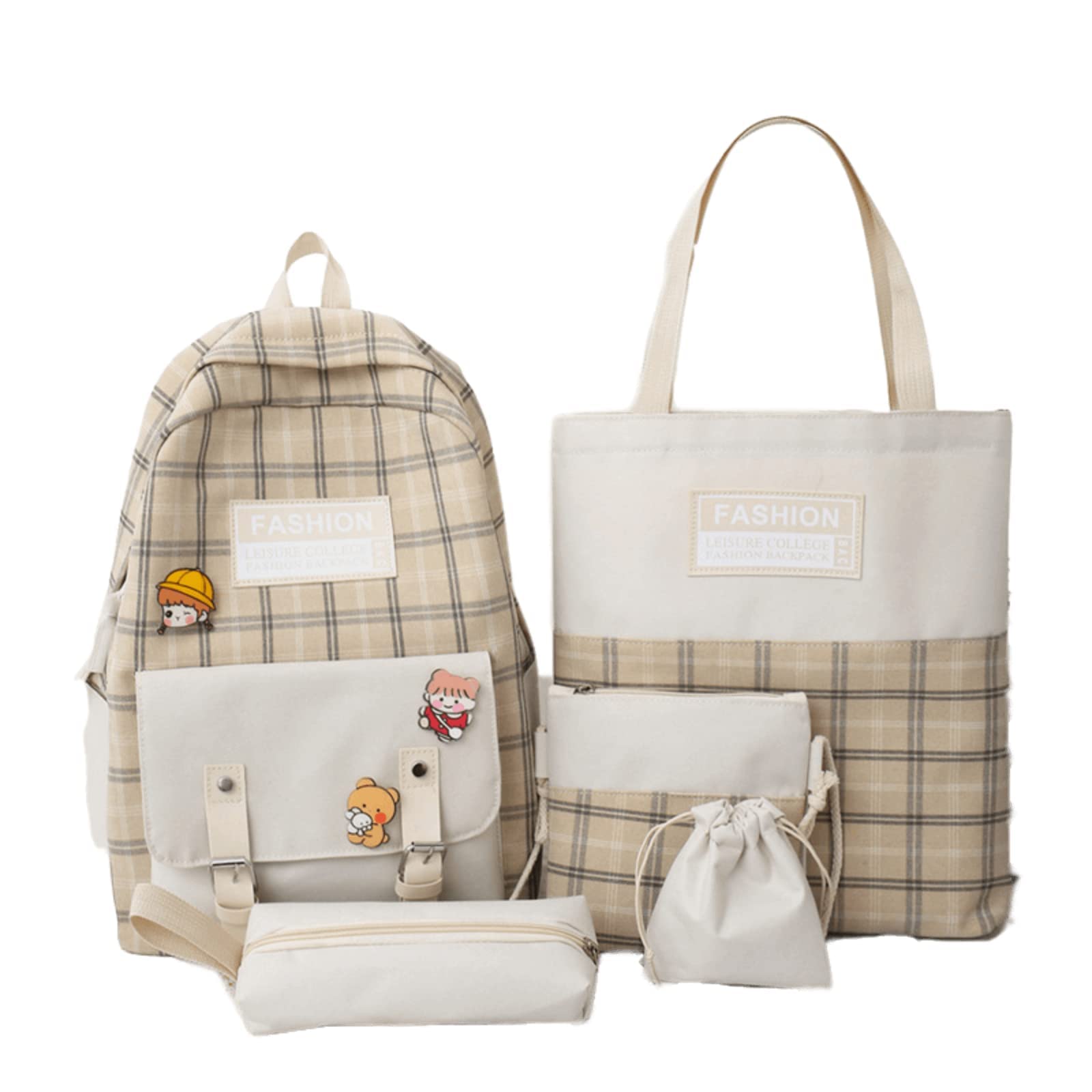 Kawaii Aesthetic Backpack Set with 5 Pins - Trendy Japanese Anime Style School Bag for Girls | Perfect for School, Travel & Cosplay (Khaki)