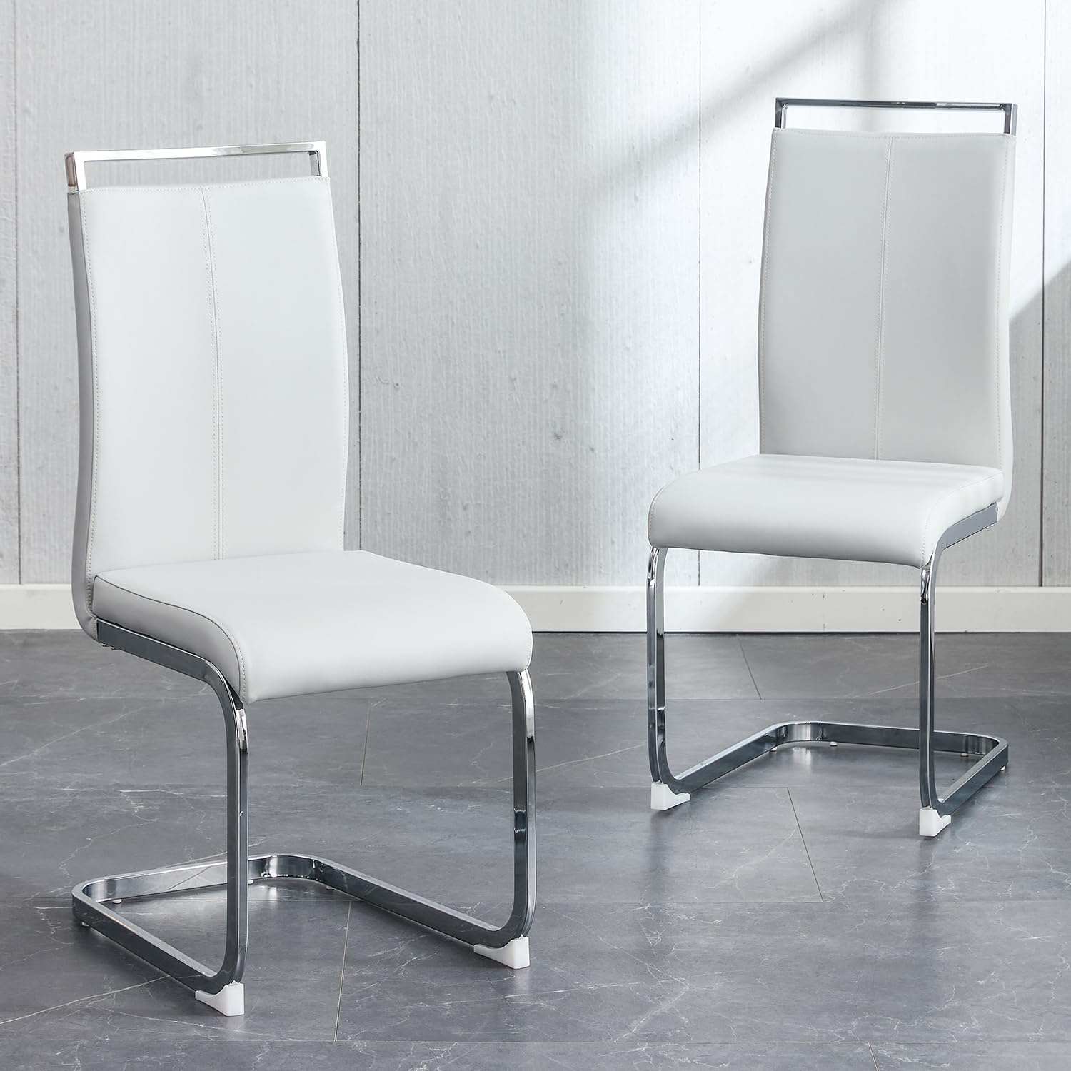 Modern Metal Dining Chairs Set of 2 - High Back Faux Leather Padded Kitchen Chairs with Sturdy Chrome Legs - Light Gray for Dining Room & Breakfast Nook