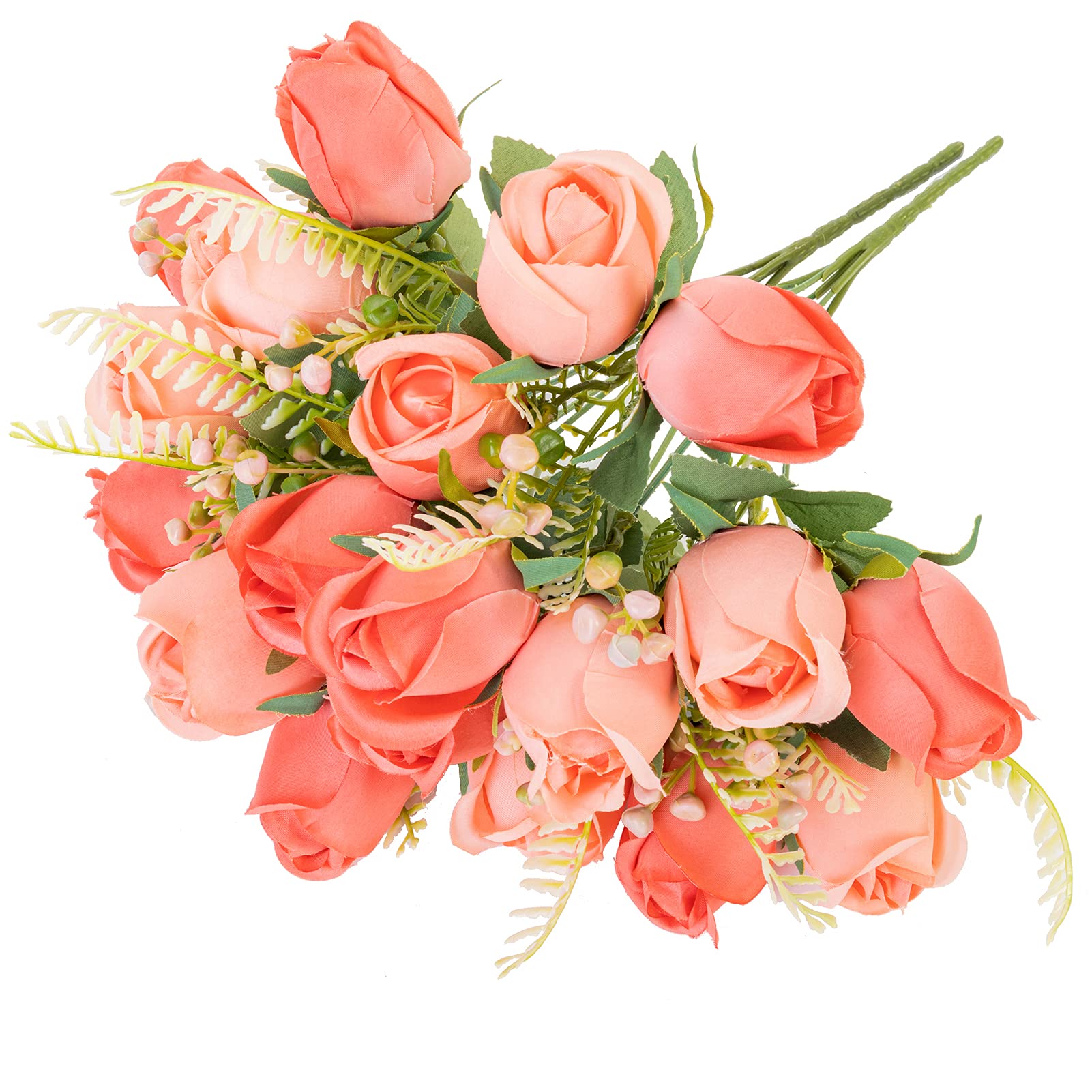 20 Heads Artificial Silk Rose Flowers - 2 Bundles Bridal Bouquet Bulk for Wedding, Home, Valentine's Day Party Decor (Mixed Living Coral) - Perfect for Centerpieces, DIY Crafts & Romantic Gift Giving