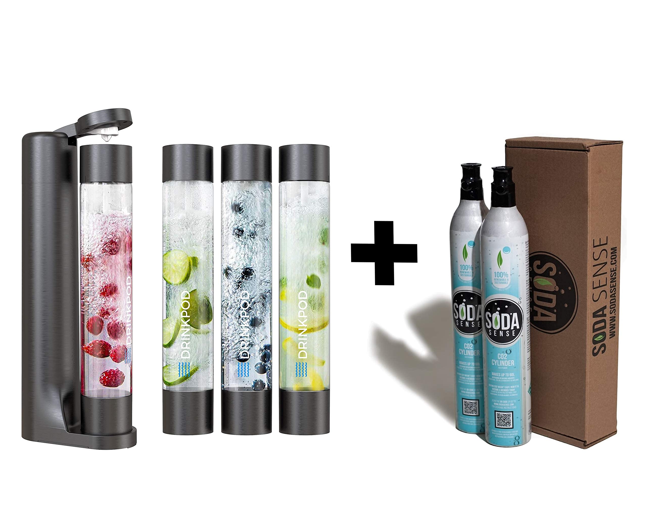 FIZZpod Soda Maker Machine - 60L CO2 Carbonated Drink Maker with 3 BPA-Free Bottles & Caps | Make Sparkling Water, Soda, Cocktails at Home | Perfect for Kitchen, Office, Parties (Black, Includes 2 CO2 Cylinders)