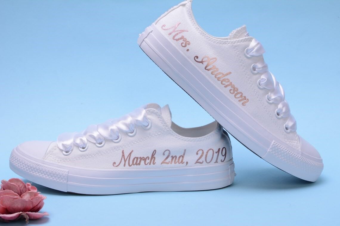 Personalized Rose Gold Foil Wedding Sneakers for Women - Custom Bridal Shoes with Comfortable Cushioning | Perfect for Bridal Showers, Bachelorette Parties & Wedding Receptions