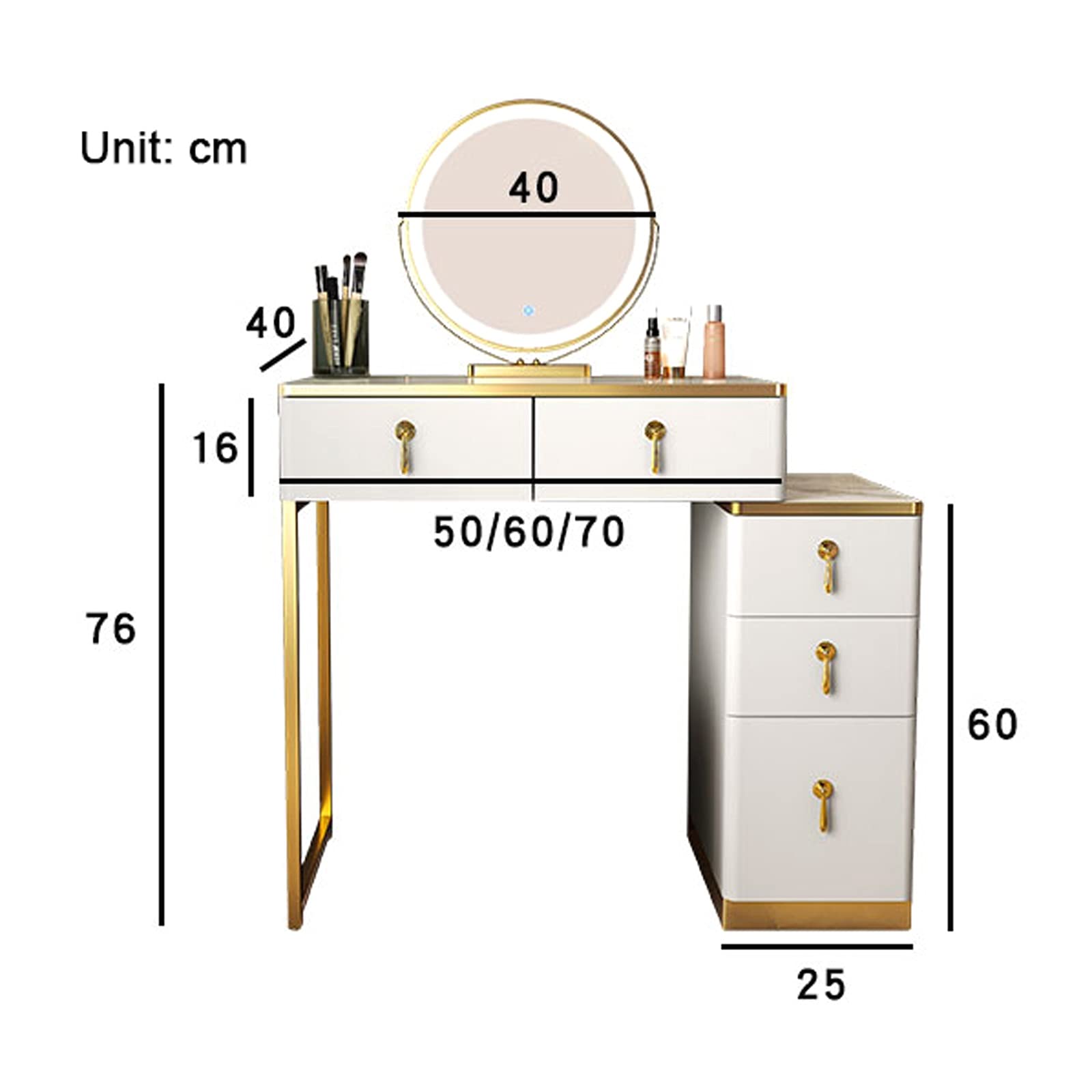Small Vanity Table with LED Round Mirror & Drawer - White/Grey Makeup Dressing Table (70cm) for Bedroom, Dorm, or Salon
