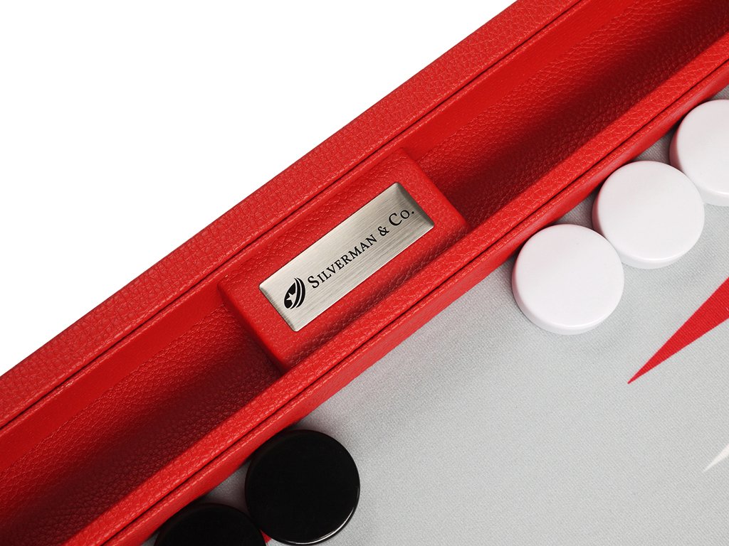Premium 16-inch Backgammon Set with Red Wooden Board, Grey Playing Field & White/Red Points - Classic Board Game for Family Game Nights, Travel & Casino-Style Entertainment