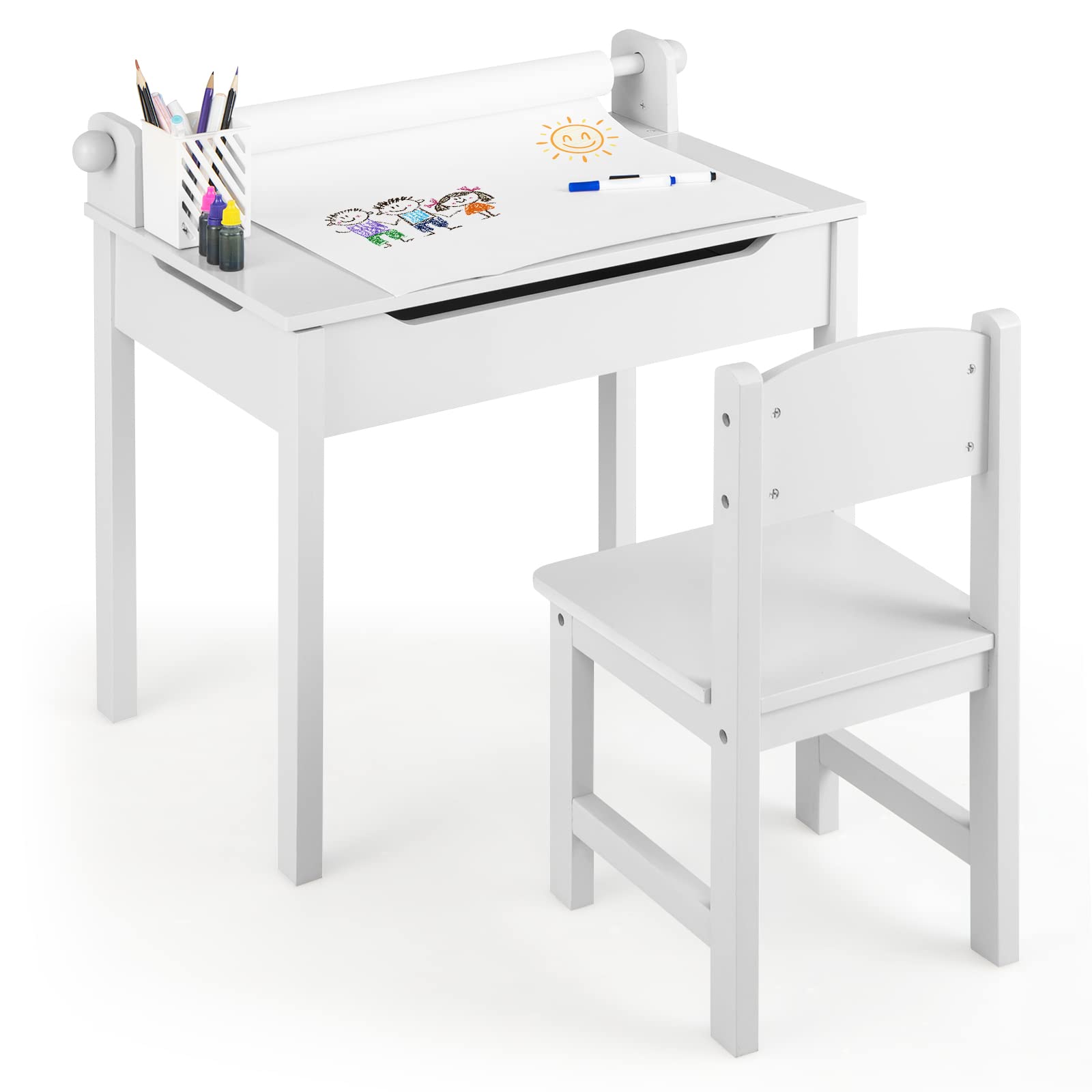 KOTEK Wooden Toddler Table and Chair Set - Kids Art Desk with Storage, Paper Roll Holder & Pen Slots - 3+ Years Old Children's Activity Table for Drawing, Crafts & Learning - Perfect for Daycare, Playroom & Home (White)