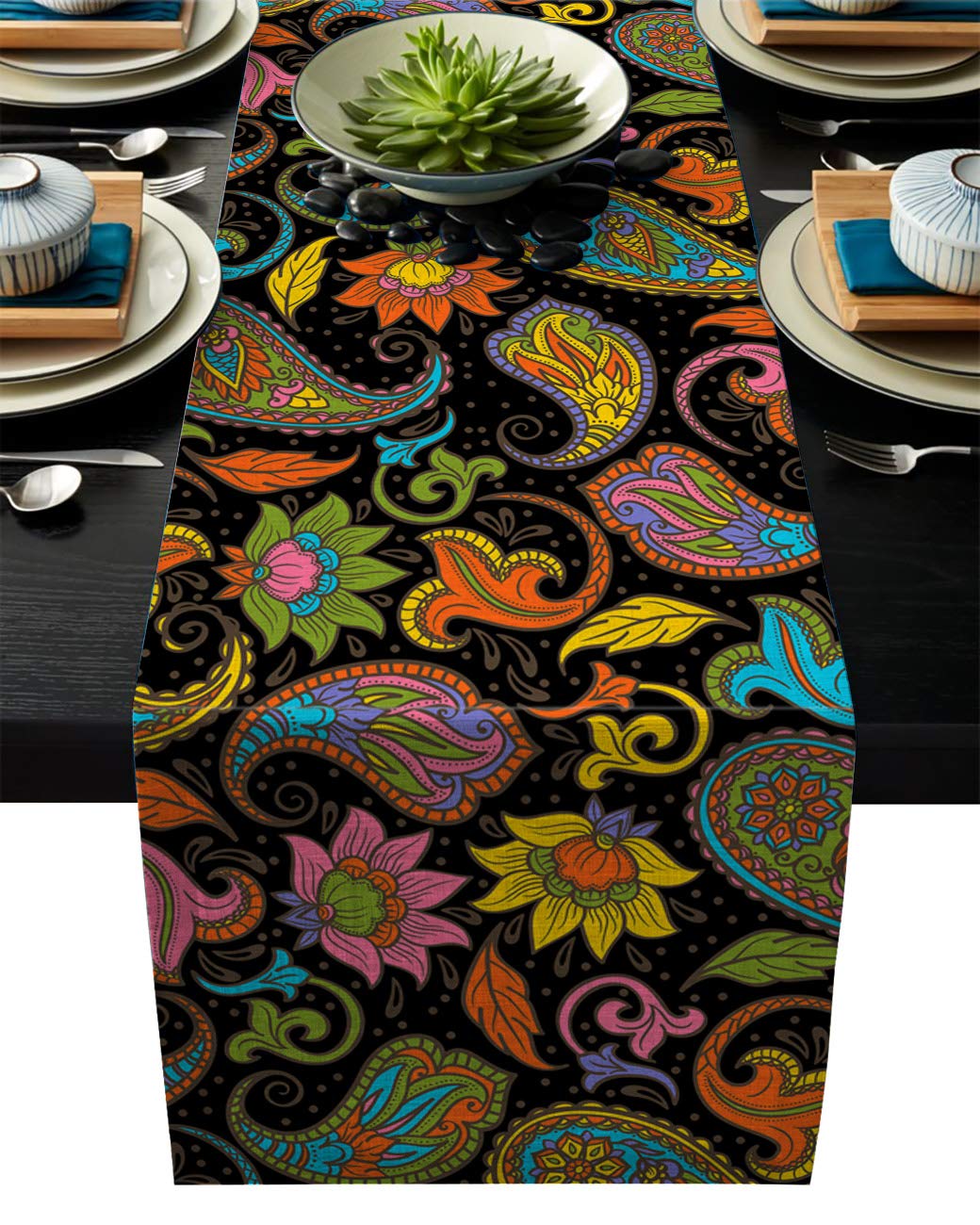 ARTSHOWING 16x72 Inch Paisley Table Runner - Bohemian Floral Pattern Fabric Decor for Wedding, Birthday, Baby Shower - Ethnic Design Party Supplies with Leaves & Flowers - Perfect for Dining Table, Buffet Decor, and Home Celebration Events