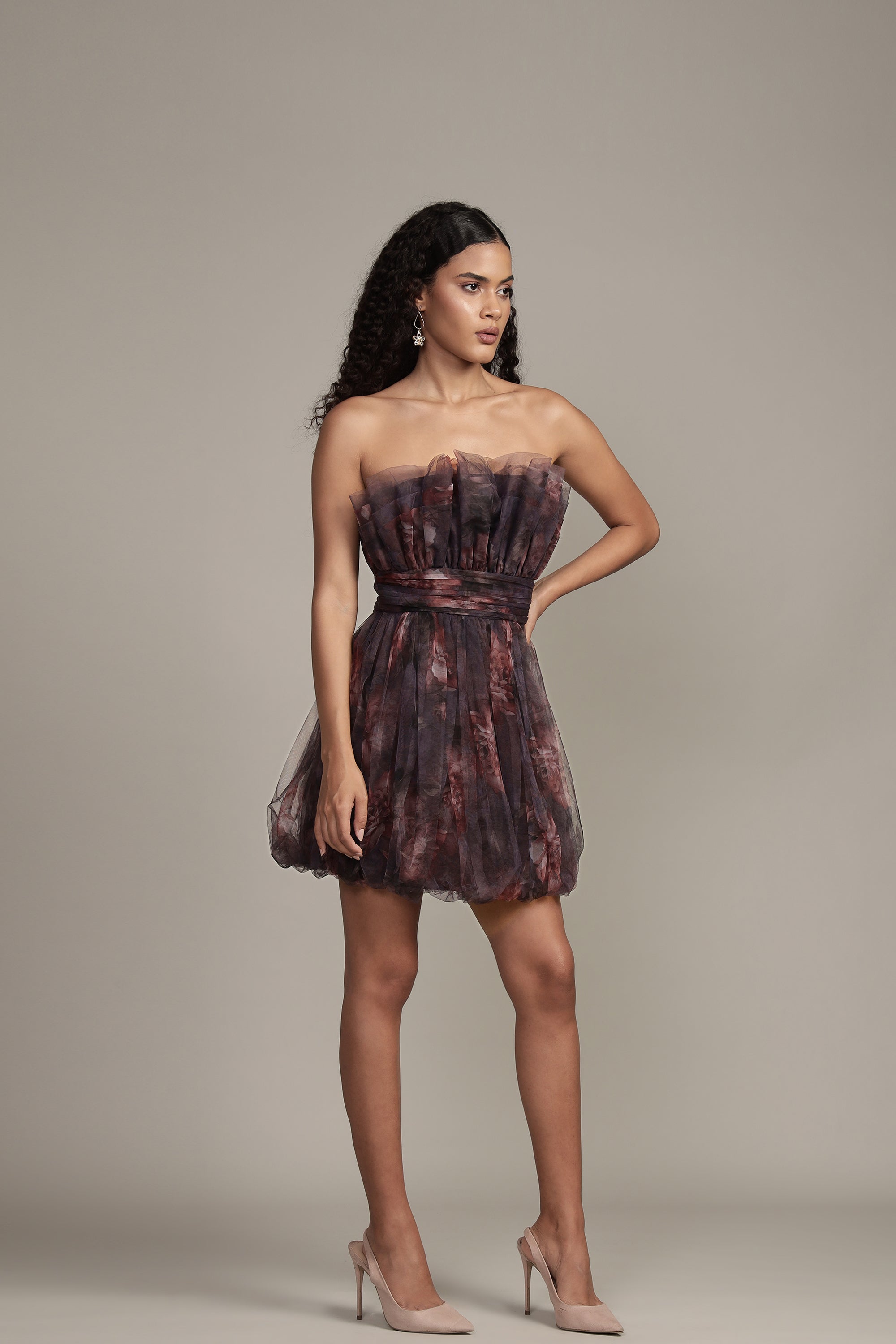 Nanita Mini Dress with Balloon Hem in Plum Floral Print - Elegant Summer Party Dress for Women, Perfect for Weddings, Dates & Cocktail Events