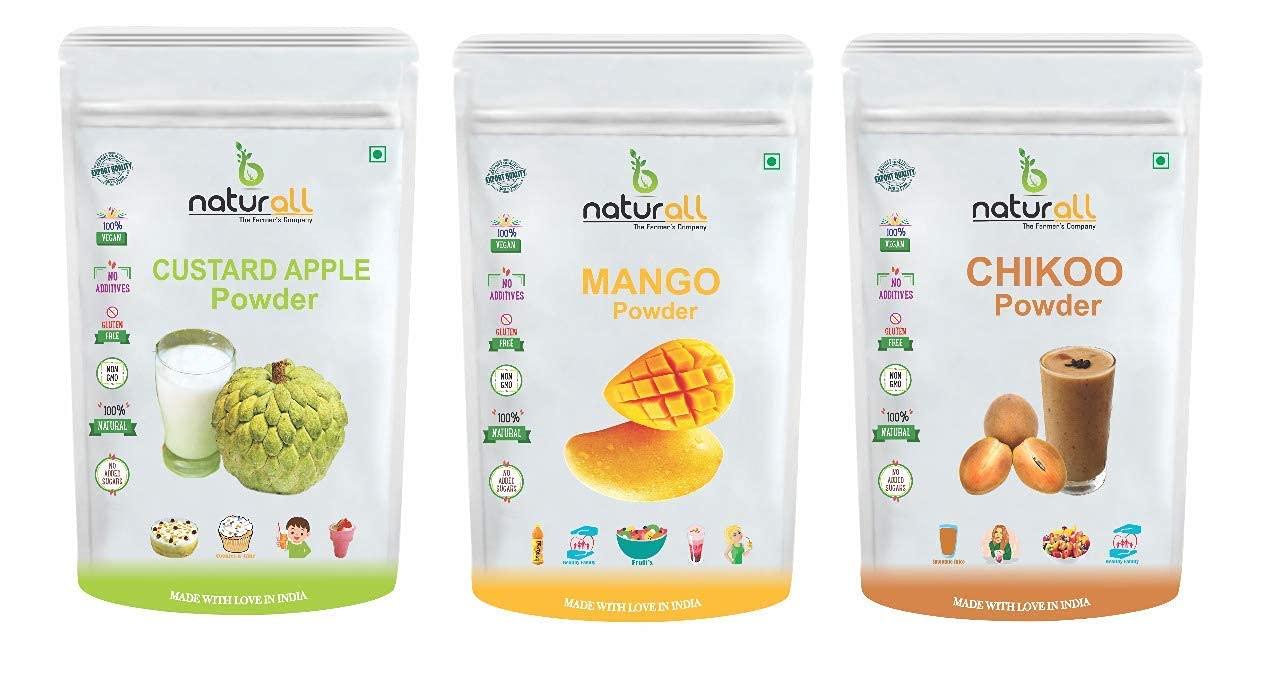 Organic Fruit Powder Combo Pack - 3 Flavors: Chikoo, Mango & Custard Apple | 100% Natural, No Added Sugar, No Preservatives | 200g Each (Total 600g) by B Naturall | Perfect for Smoothies, Baking & Healthy Snacks
