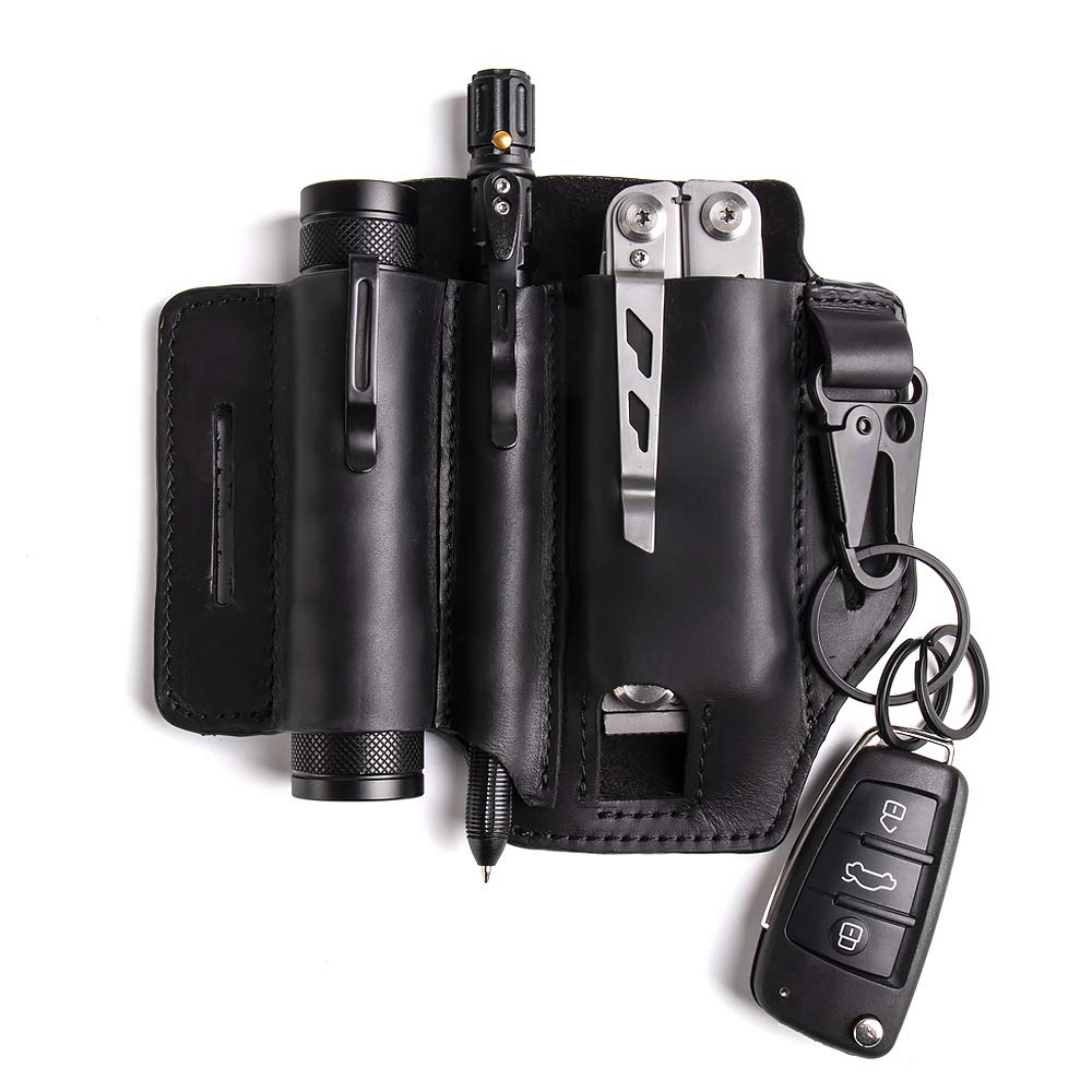 Premium Leather Multitool Sheath for Belt - Leatherman Sheath for Men with Pen Holder, Key Fob & Flashlight Sheath - Durable EDC Pocket Organizer (Black) - Perfect for Camping, Hiking & Everyday Carry