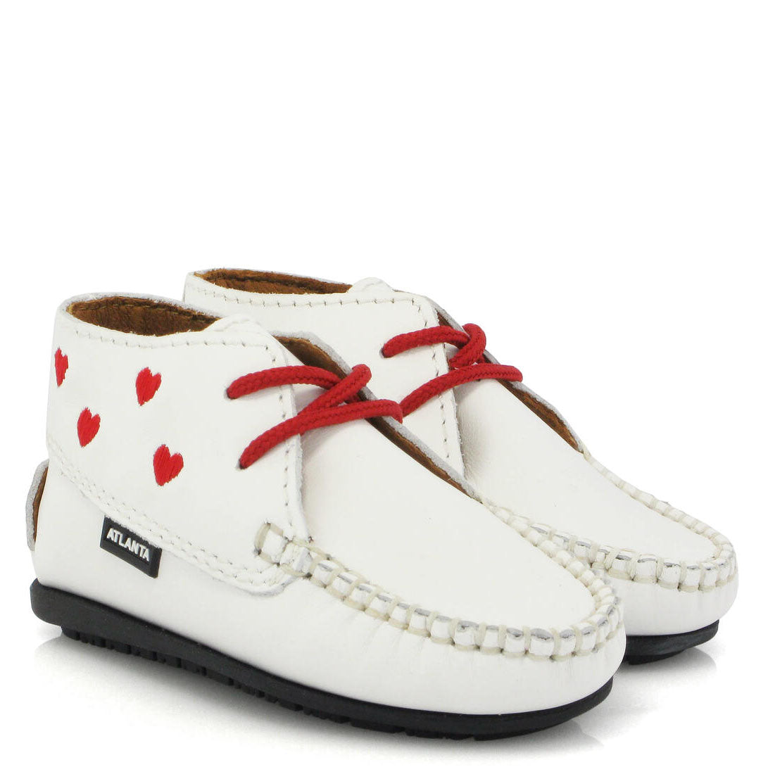 Atlanta Moccasin White Hearts Baby Booties - Soft Leather First Walkers for Newborns & Infants | Perfect for Special Occasions & Photo Shoots