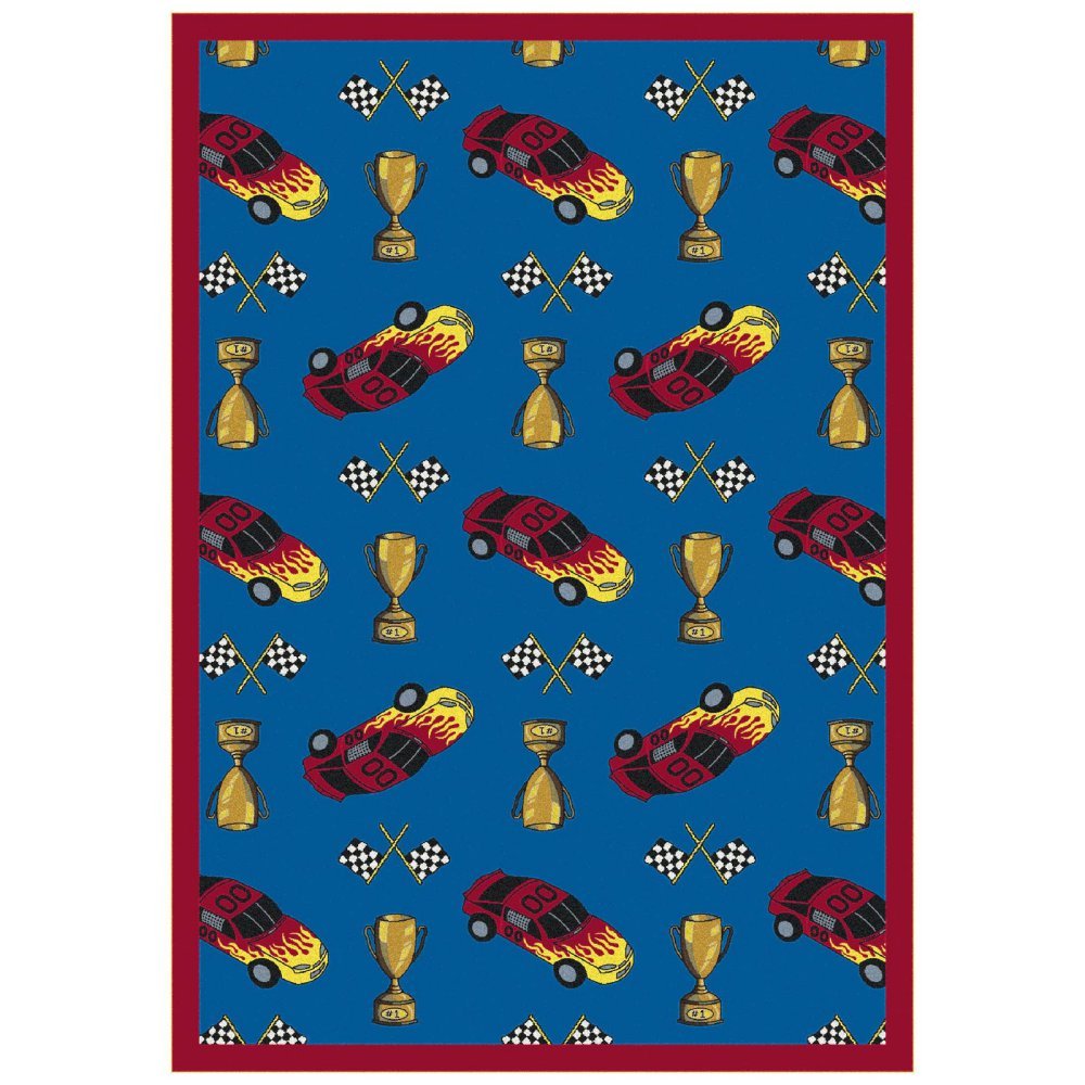 Joy Carpets Playful Patterns Start Your Engines Blue Area Rug for Kids Room & Playroom - Durable & Fun Carpet for Children's Bedroom, Nursery, and Play Areas
