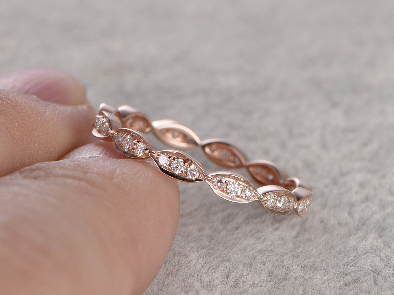 14K Rose Gold Art Deco Marquise Three Stone Wedding Ring Set - Round Diamond Engagement Ring & Matching Stacking Band for Women, Perfect for Bridal, Anniversary, and Special Occasions