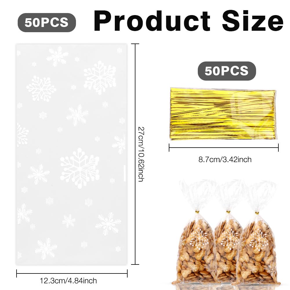 50 Pcs Christmas Clear Snowflake Cellophane Gift Bags with Twist Ties - Holiday Party Favor Treat Bags for Cookies, Candies & Goodies - Perfect for Xmas Gifts, Winter Celebrations & Cookie Exchanges