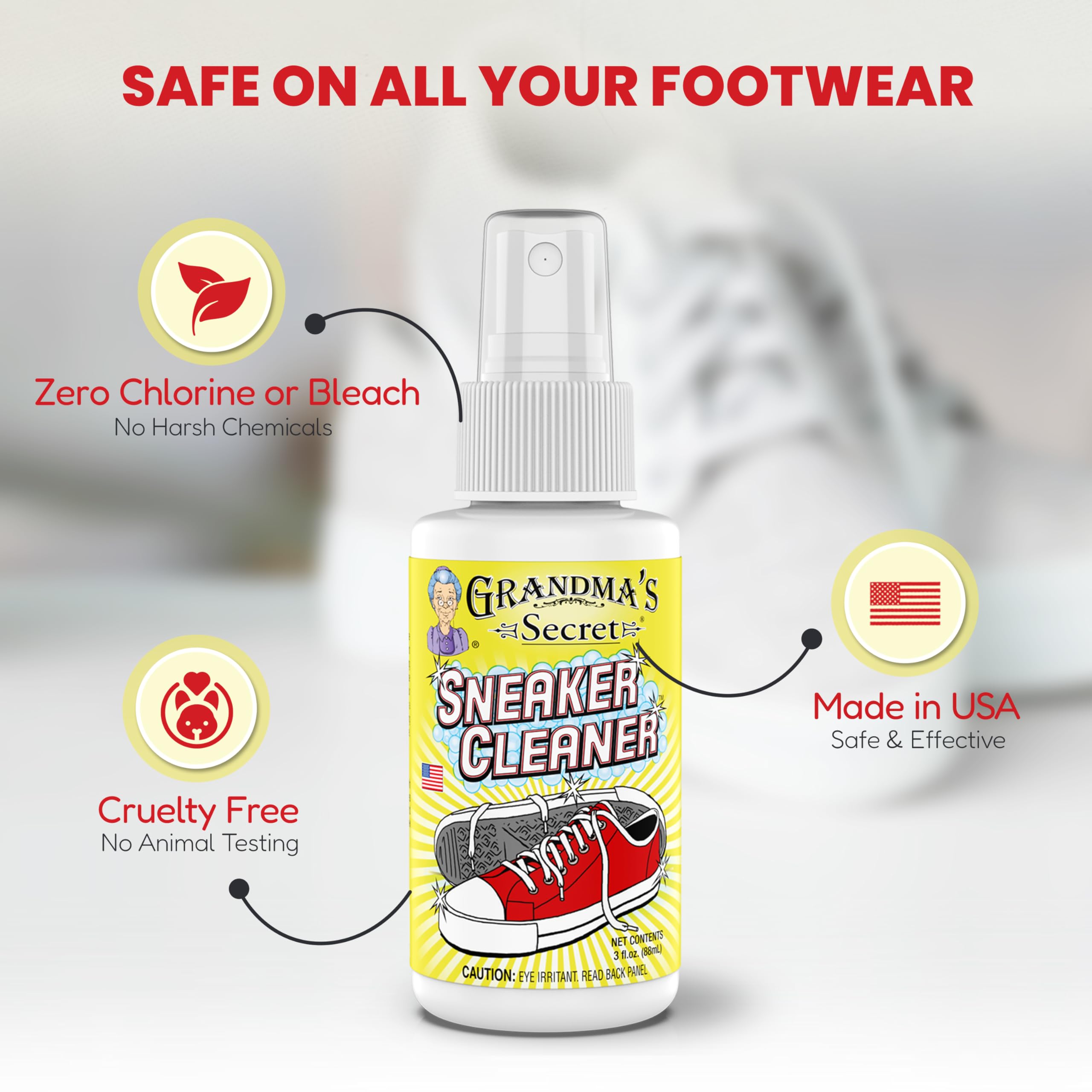 Grandma's Secret Sneaker Cleaner - 3 Pack (3oz Each) | Effective Shoe Cleaner Spray for Rubber, Canvas & Leather | Removes Dirt, Grime & Grass Stains | Perfect for Sneakers, Outdoor Shoes, Slippers & Moccasins | Ideal for Sports, Hiking & Everyday Wear