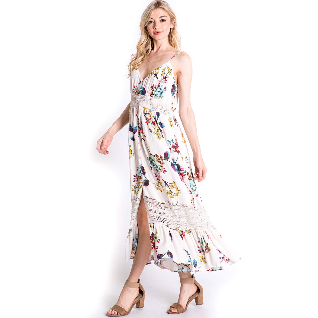 Cream Floral Maxi Sun Dress with Crochet Lace Detail & Spaghetti Straps - Medium Size | Boho Summer Beach Dress for Women, Perfect for Vacations, Weddings & Outdoor Parties
