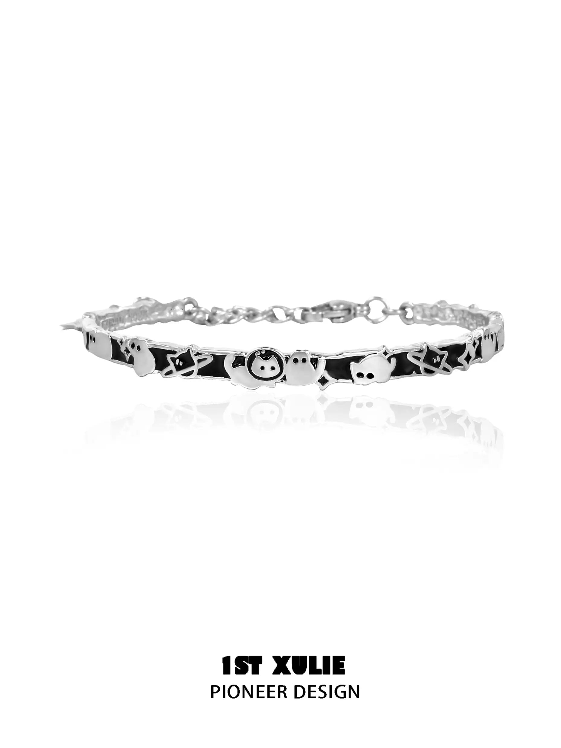 Handcrafted S925 Sterling Silver Black Cat Ghost Epoxy Coating Chain Bangle Bracelet - Perfect for Halloween, Gothic Fashion & Witchy Jewelry Lovers