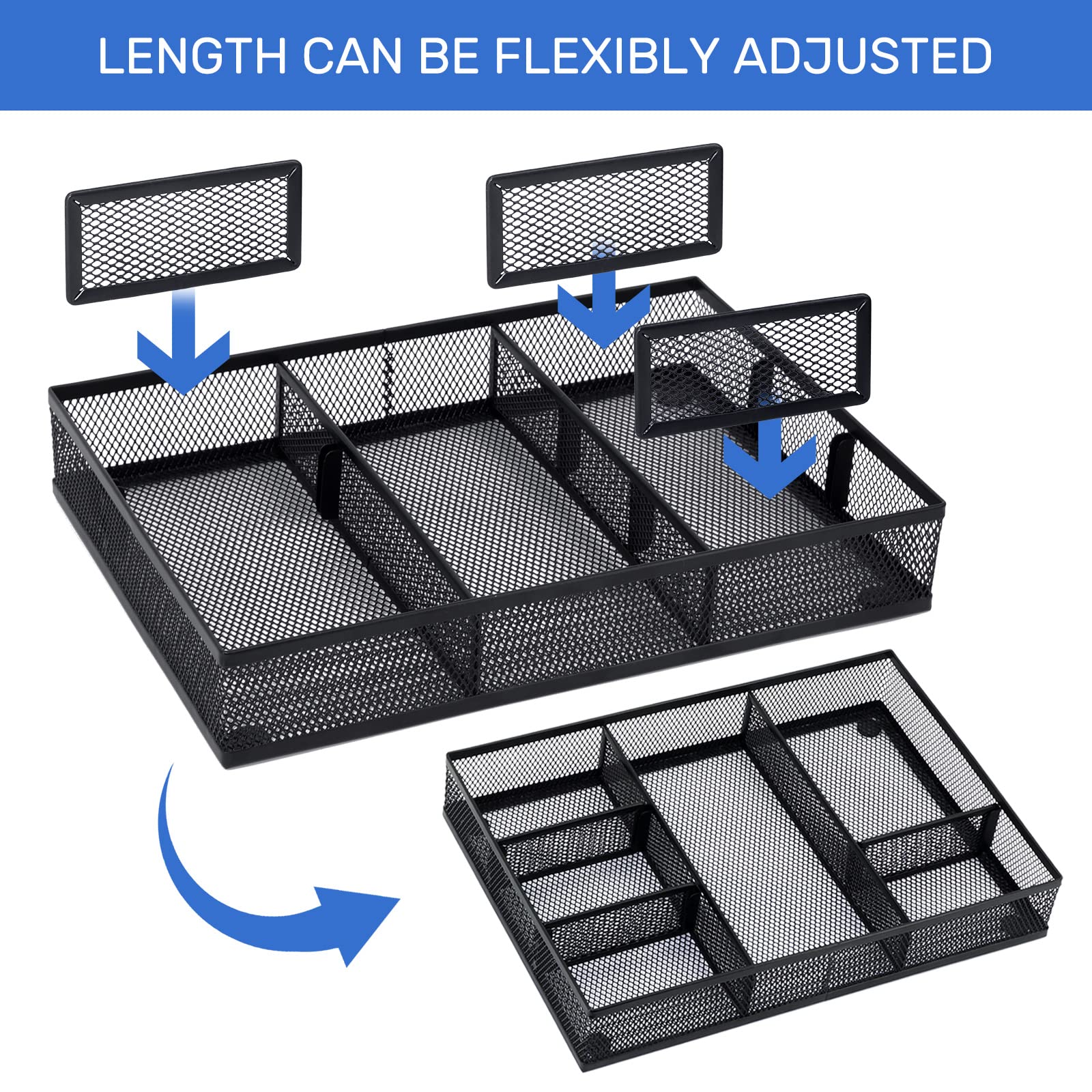6-Section Adjustable Metal Mesh Desk Drawer Organizer - Black Office Supplies Tray for Pens, Pencils & Stationery (Set of 4) | Perfect for Home Office, School & Workspace Organization