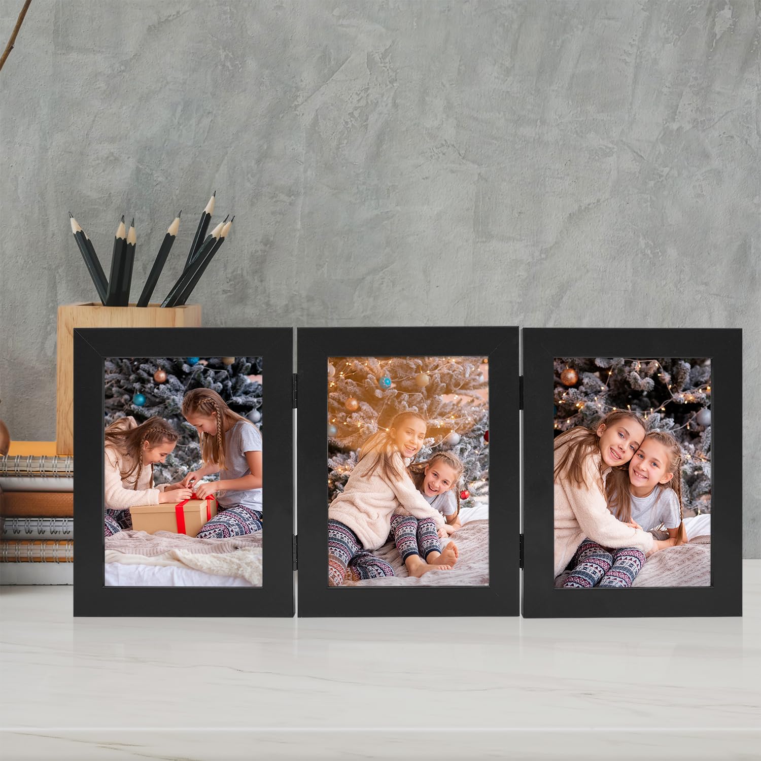 Frametory 5x7 Triple Picture Frame - Black Trifold Photo Collage with Glass Front for Tabletop Display | Perfect for Family Photos, Wedding Memories, and Home Decor (1 Pack)