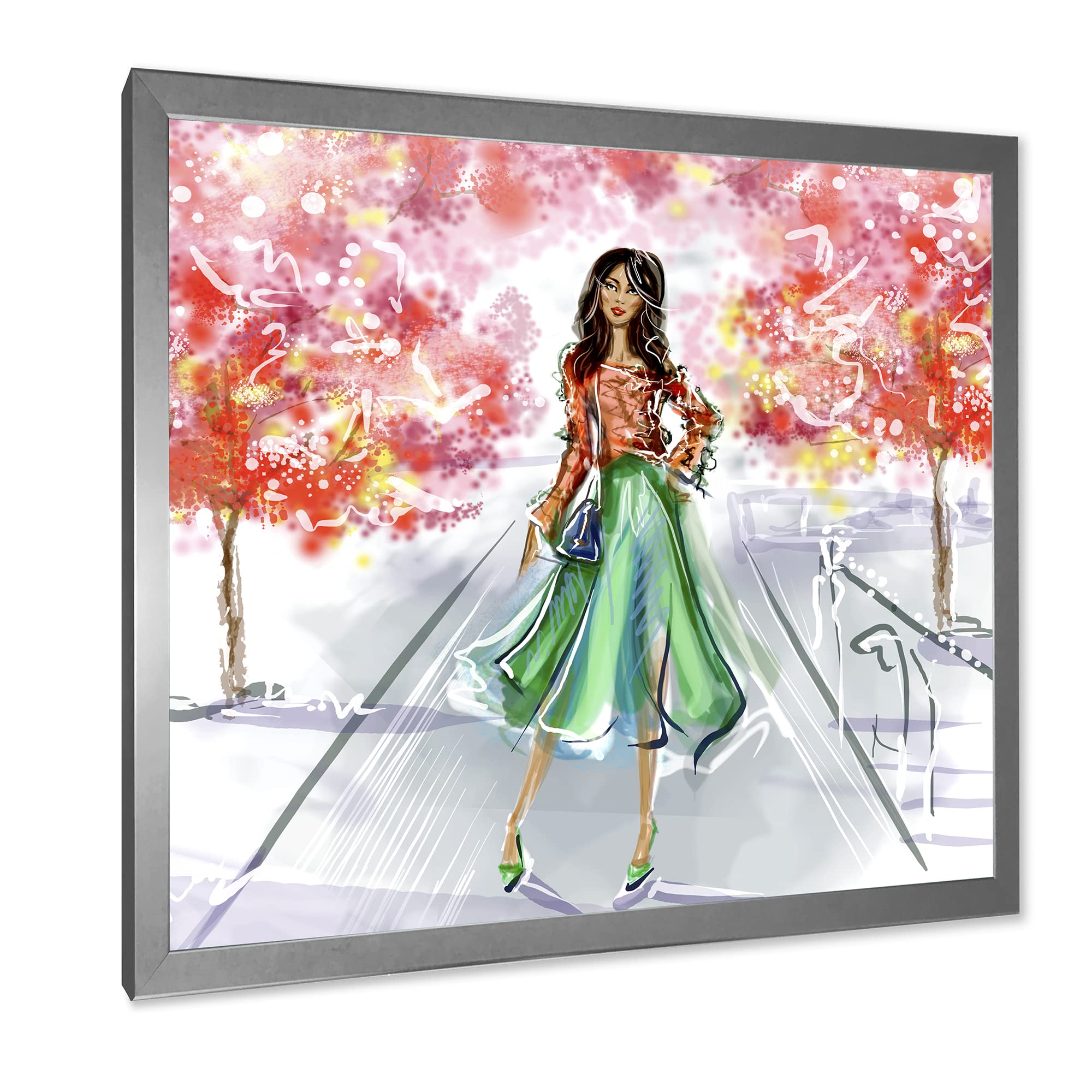 DesignQ Traditional Framed Wall Art - Beautiful Girl in Fashionable Clothes Park Scene - Perfect for Living Room, Bedroom & Office Decor