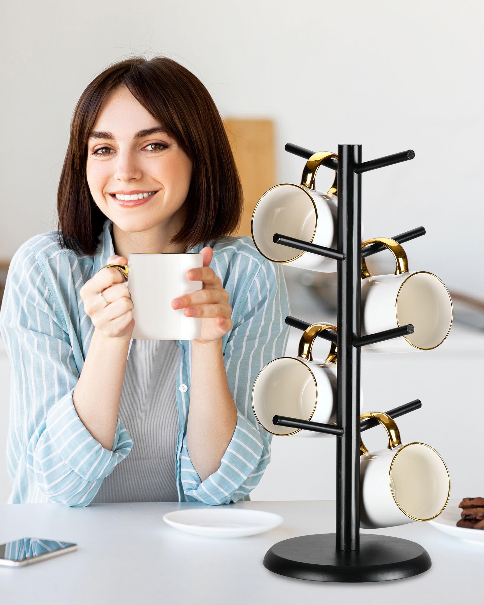 **Lorbro 8-Hook Bamboo Coffee Mug Tree Stand - Countertop Cup Holder for Kitchen & Cafe Decor - Black - Perfect for Organizing Mugs, Tea Cups & Kitchen Accessories**