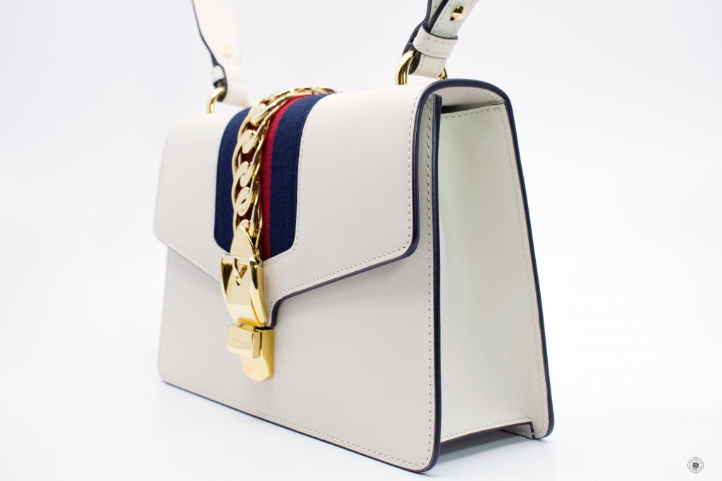 Gucci Sylvie 421882CVLEG Small Leather Shoulder Bag in White with Gold Hardware - Perfect for Work, Travel & Everyday Elegance