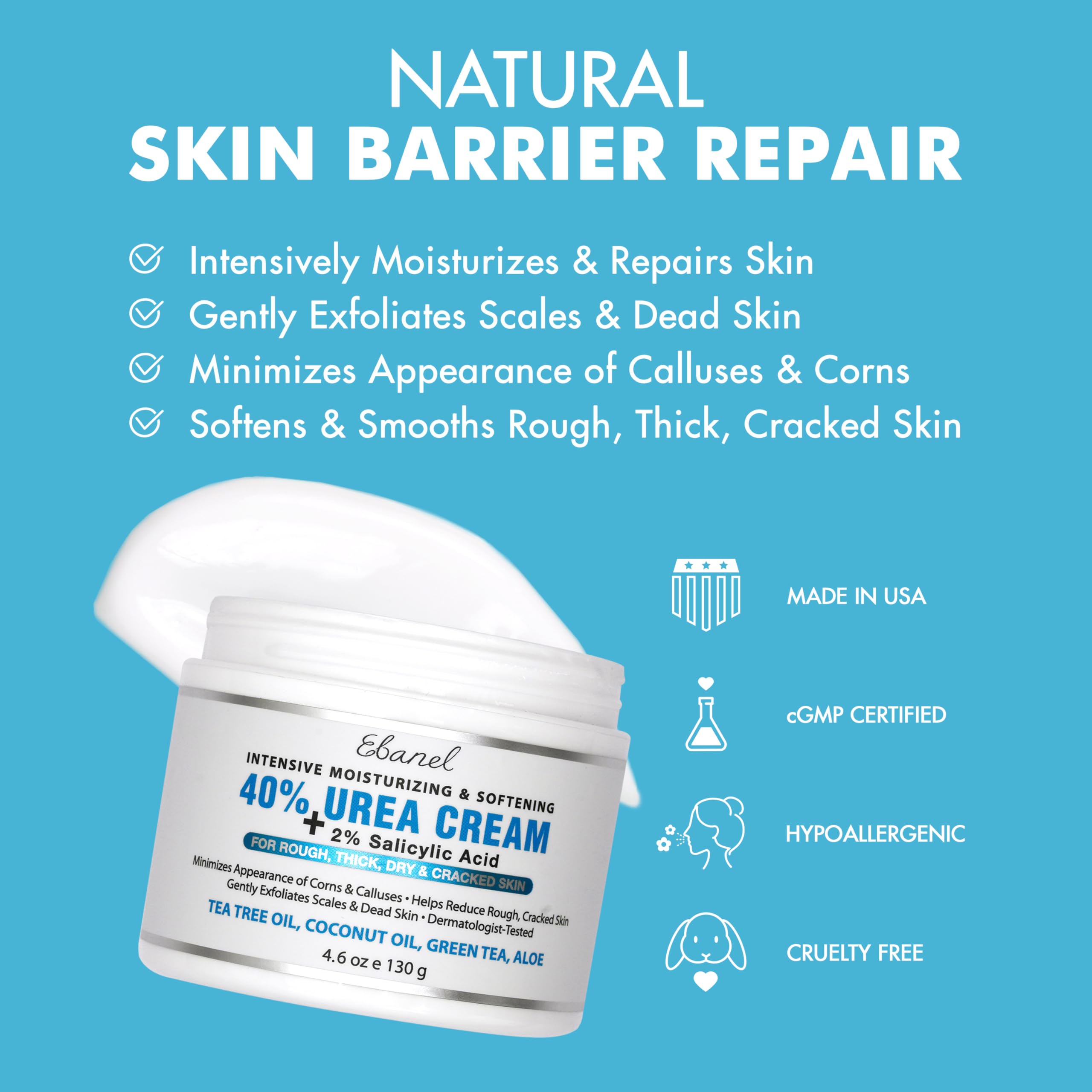Ebanel 40% Urea Cream with 2% Salicylic Acid - Intensive Foot Repair for Dry Cracked Heels, Callus Remover & Skin Softener - Keratolytic Treatment for Hands, Knees & Elbows - Perfect for Pedicures & Cracked Skin Relief