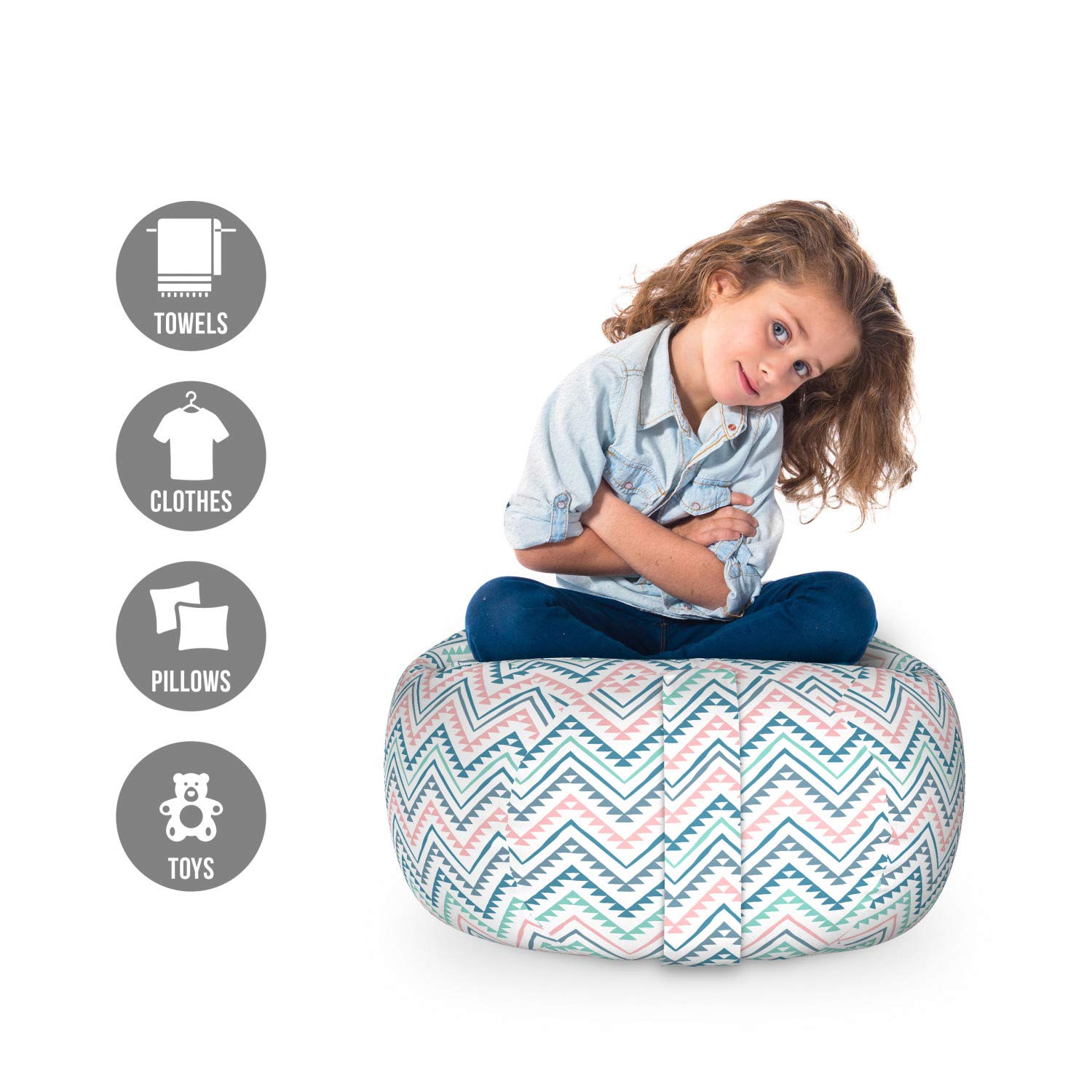 Ambesonne Mexican Print Toy Storage Bag Chair | Pastel Zigzag Design | Washable Stuffed Animal Organizer | Small Size Rose Sea Blue | Kids Room Decor & Playroom Organization