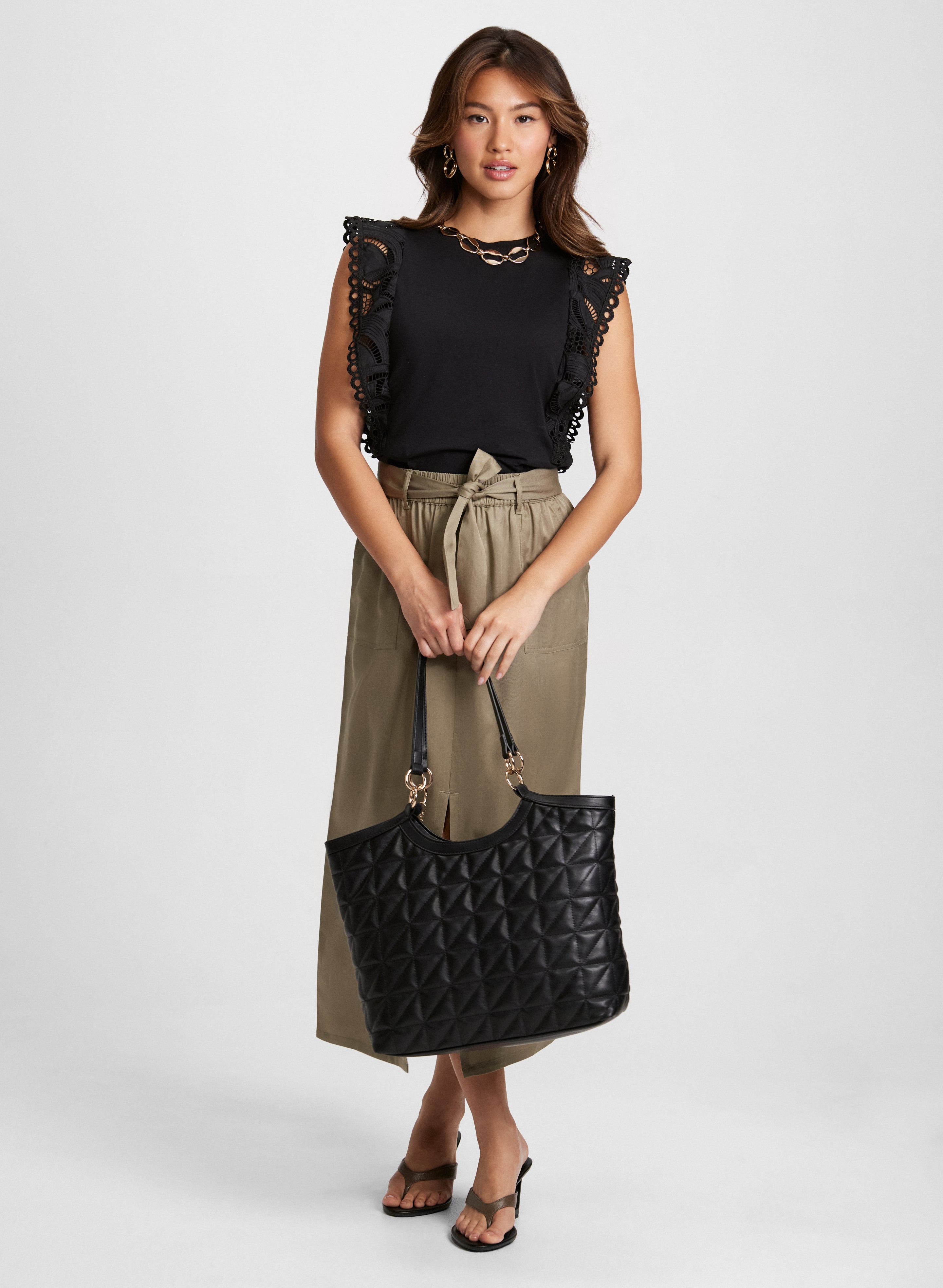 Crochet Cap Sleeve Top & Front Slit Midi Skirt Set - Women's Boho Chic Summer Outfit for Beach, Vacation & Date Night