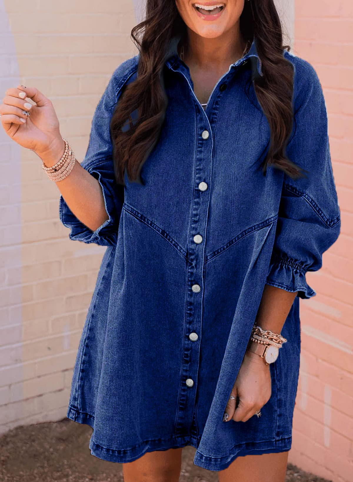 Sidefeel Women's Smocked 3/4 Sleeve Button Down Denim Jean Dress - Casual Summer Outfit for Brunch, Shopping & Date Night