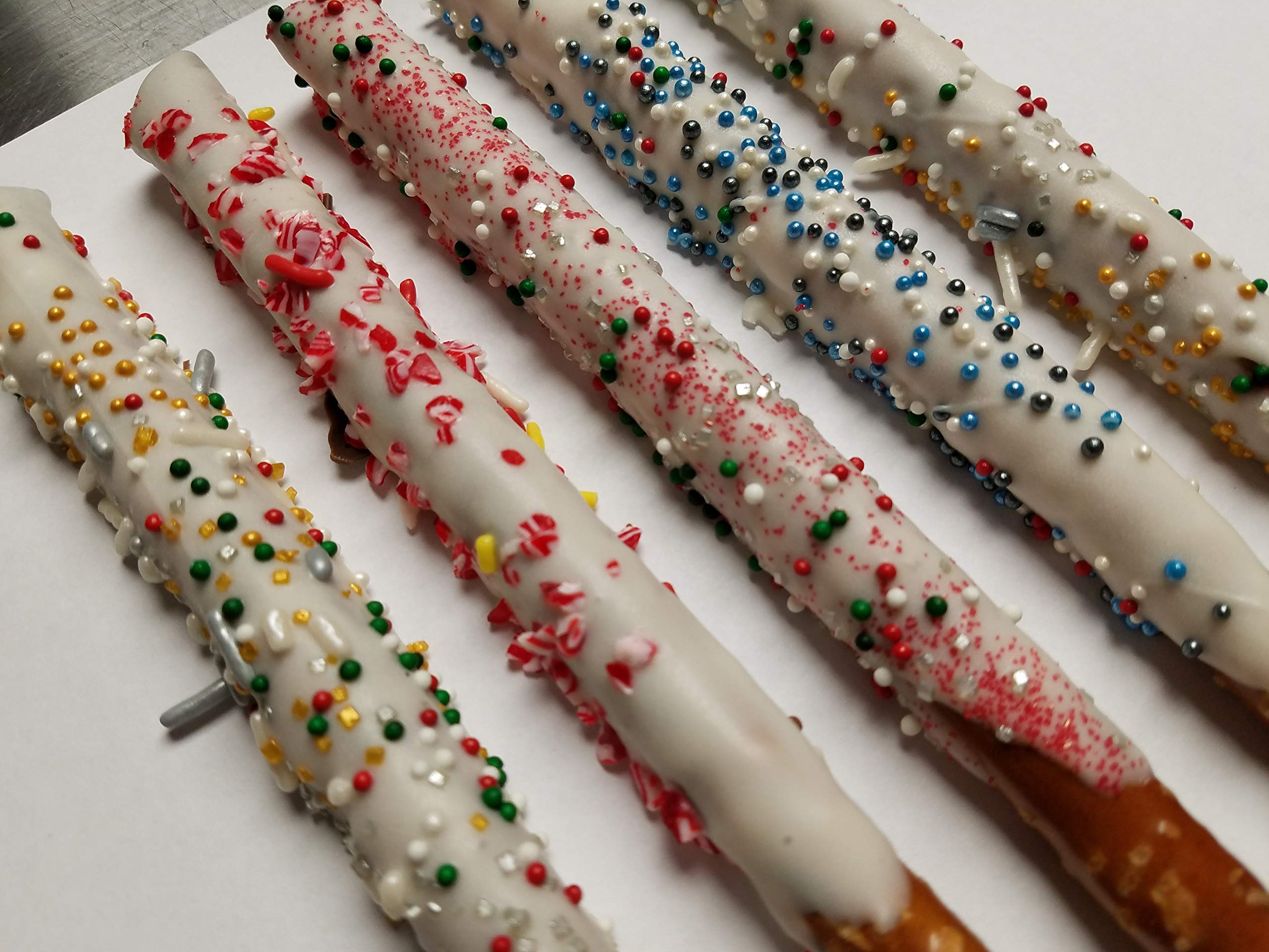 Premium White Chocolate Covered Pretzel Rods with Holiday Toppings - Perfect for Christmas Gifts, Party Snacks & Festive Treats