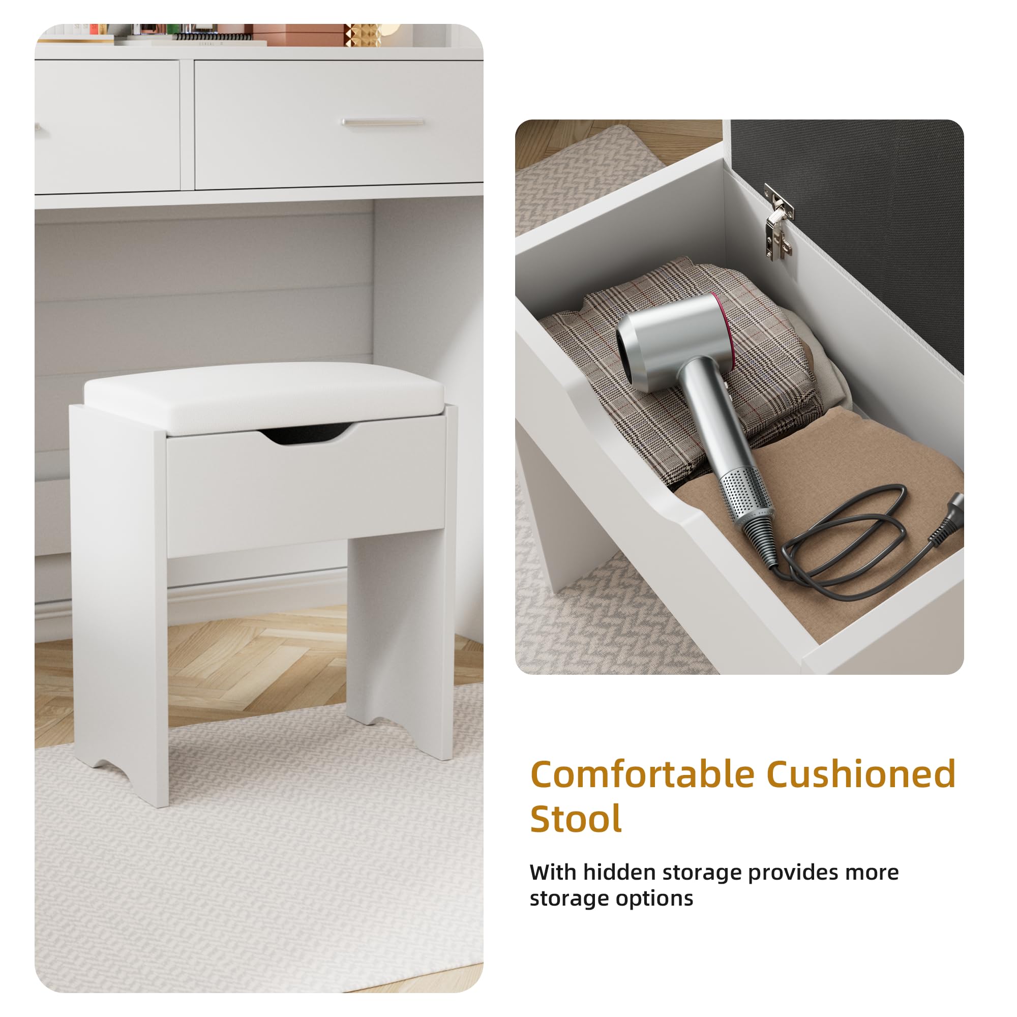 YESHOMY Vanity Desk with Mirror & Adjustable LED Lights - Makeup Dressing Table with 11 Brightness Settings, 3 Color Modes, 2 Spacious Drawers & Soft-Padded Stool - Perfect for Bedroom, Dorm, Beauty Salon (White)