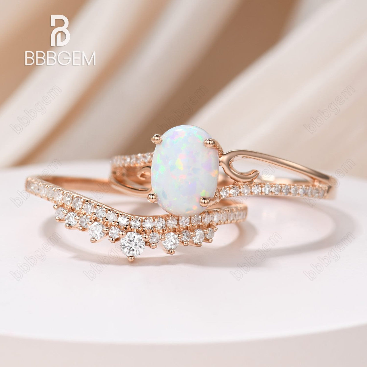 Antique Rose Gold Oval Opal Engagement Ring Set with Diamond Wedding Band - Vintage Curved Design for Unique Bridal Jewelry, Perfect for Proposals, Weddings & Anniversaries