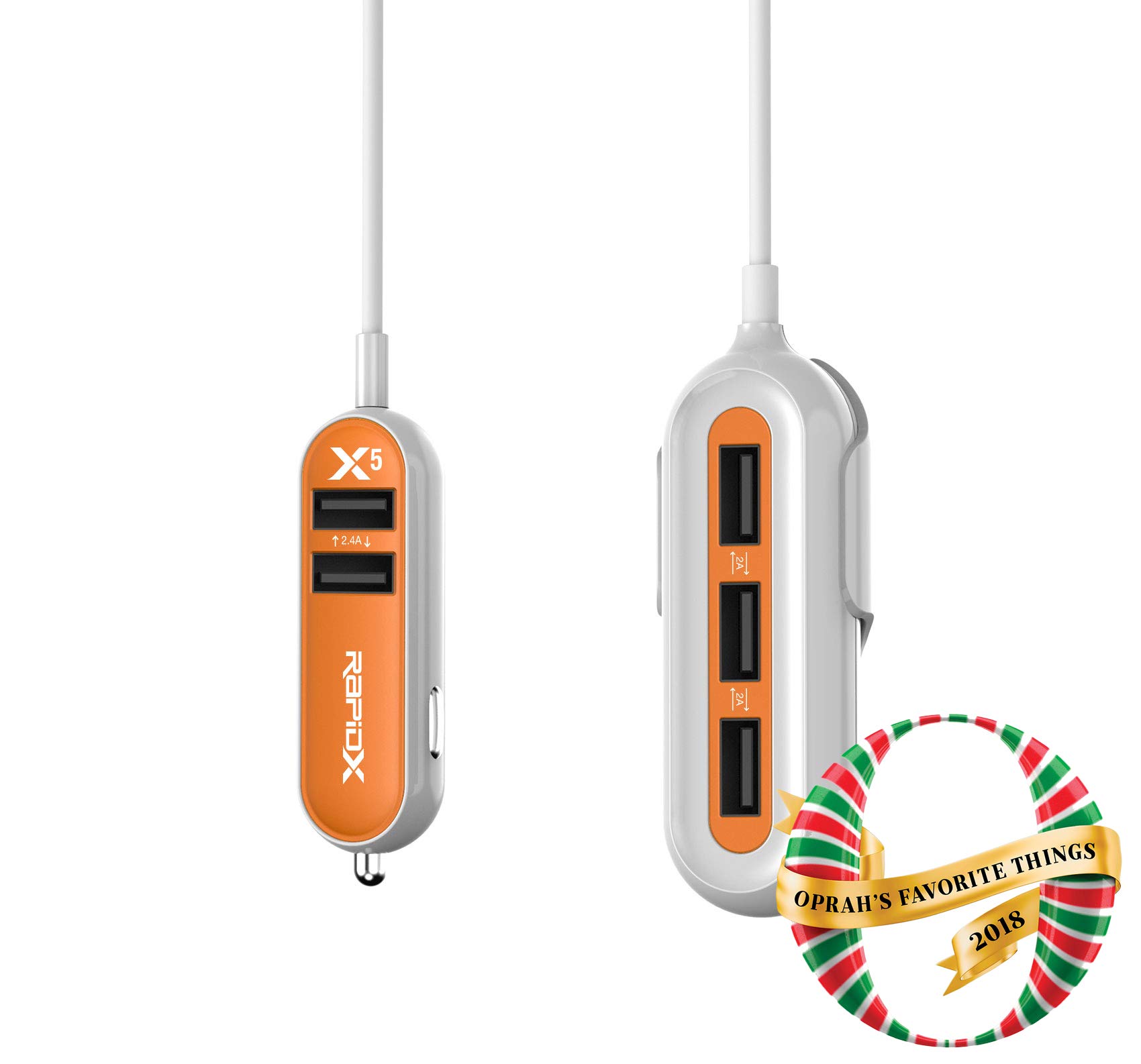 RapidX X5 Fast Car Charger with 5 USB Ports - Compatible with iPhone 15/14/13, Samsung Galaxy S23/S22, Android Devices - Quick Charge 3.0 - Orange - Perfect for Road Trips, Family Travel & Multi-Device Charging