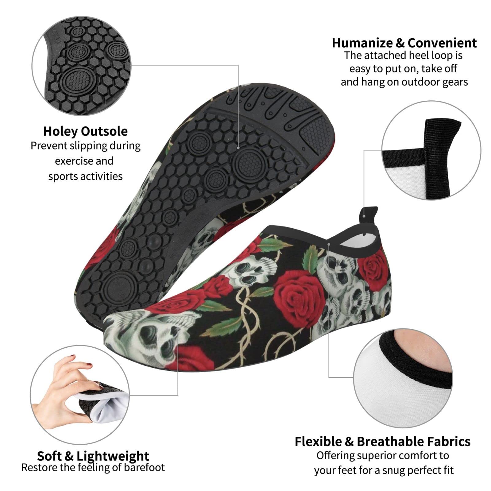 Funny Water Shoes for Women & Men - Barefoot Quick Dry Aqua Socks for Beach, Swim, Surf, Yoga & Exercise - Lightweight Flexible Water Shoes with Red Rose Skull Design - Perfect for Water Sports, Pool Parties & Summer Adventures