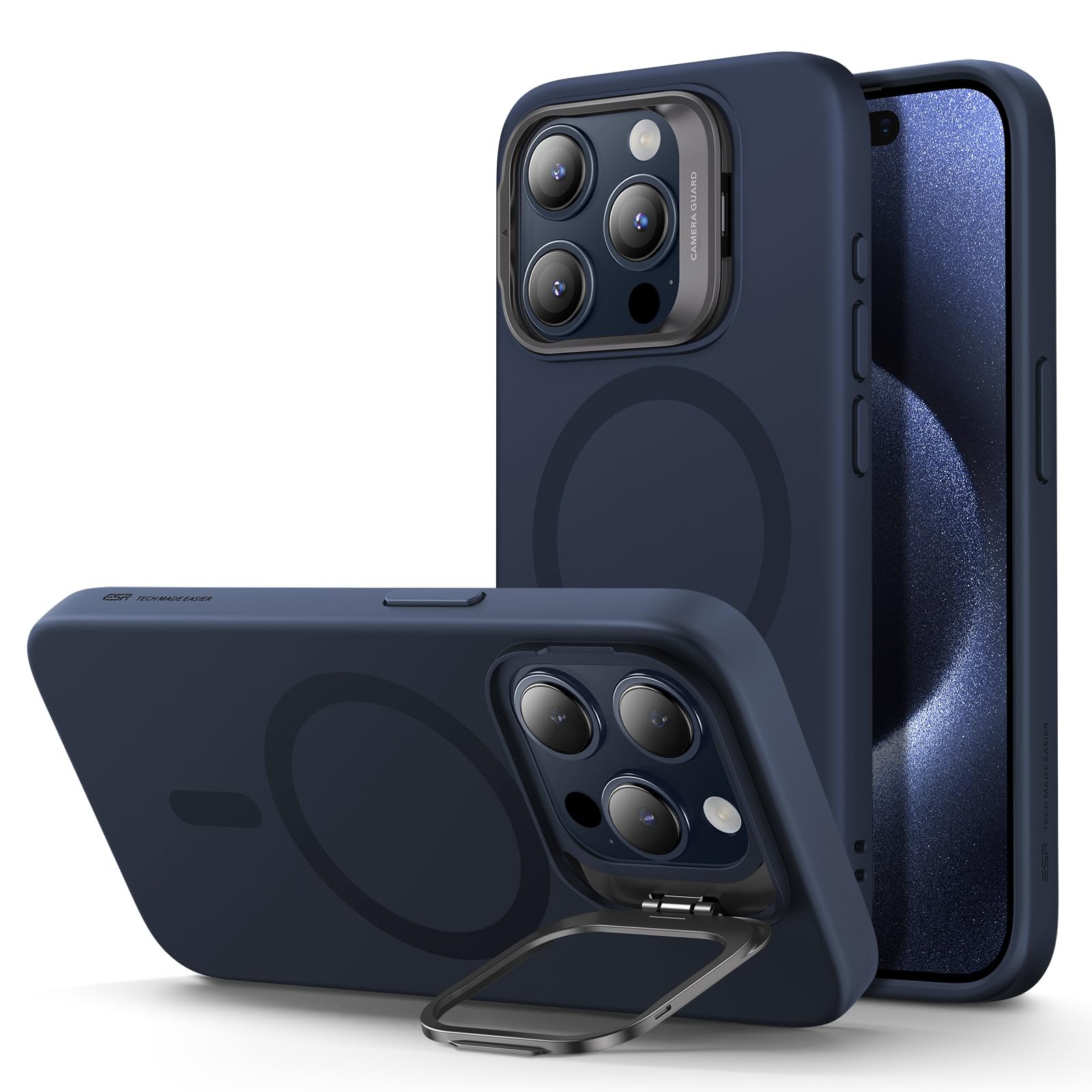 ESR MagSafe Silicone Case for iPhone 15 Pro - Military-Grade Protection with Built-in Stand & Camera Stash | Magnetic Phone Cover (Dark Blue, Cloud Series) - Perfect for Work, Travel & Daily Protection