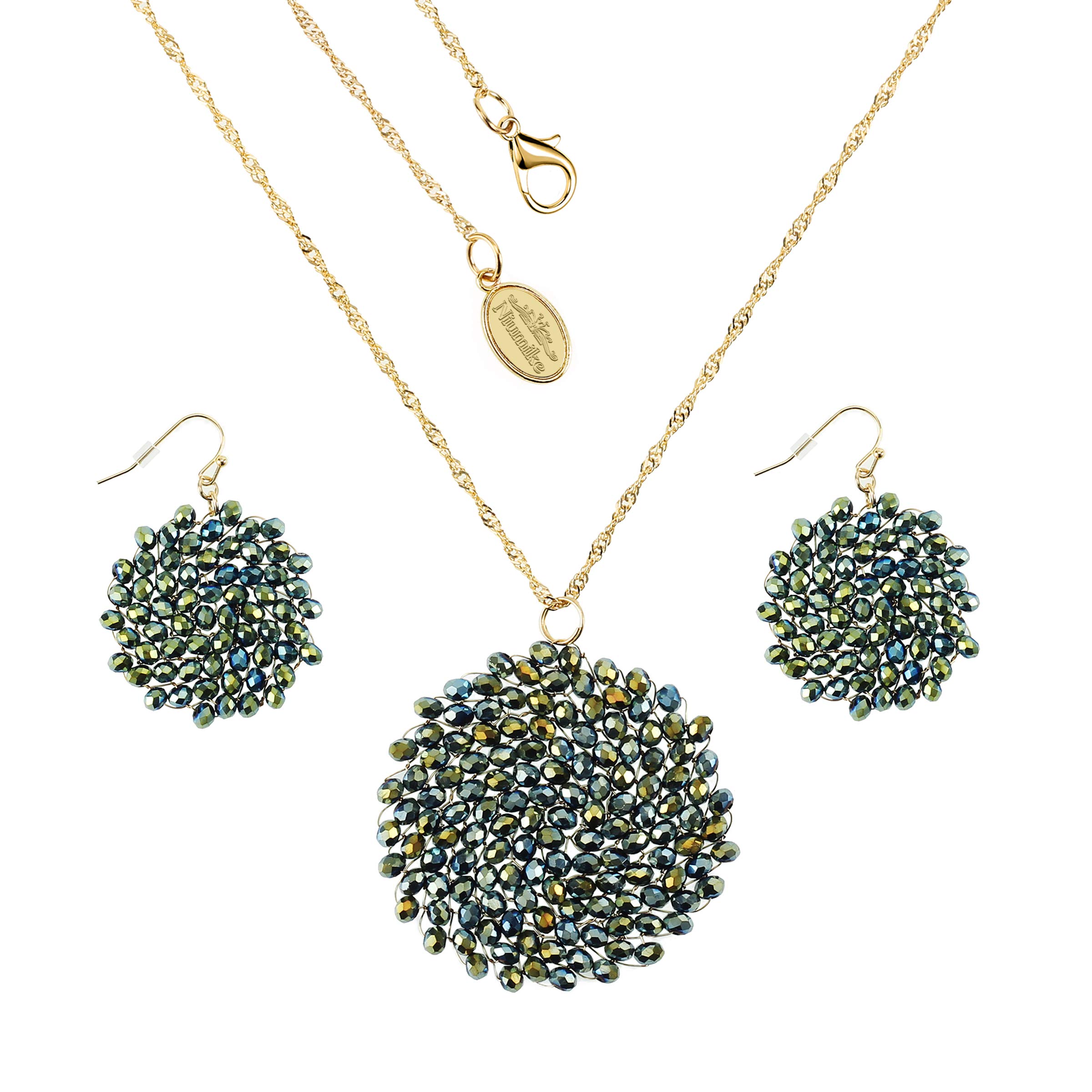 Niumike Handmade Crystal Circle Pendant Necklace and Earring Set for Women - Elegant Long Statement Jewelry Set with Gift Box | Perfect for Prom, Party, Wedding & Special Occasions