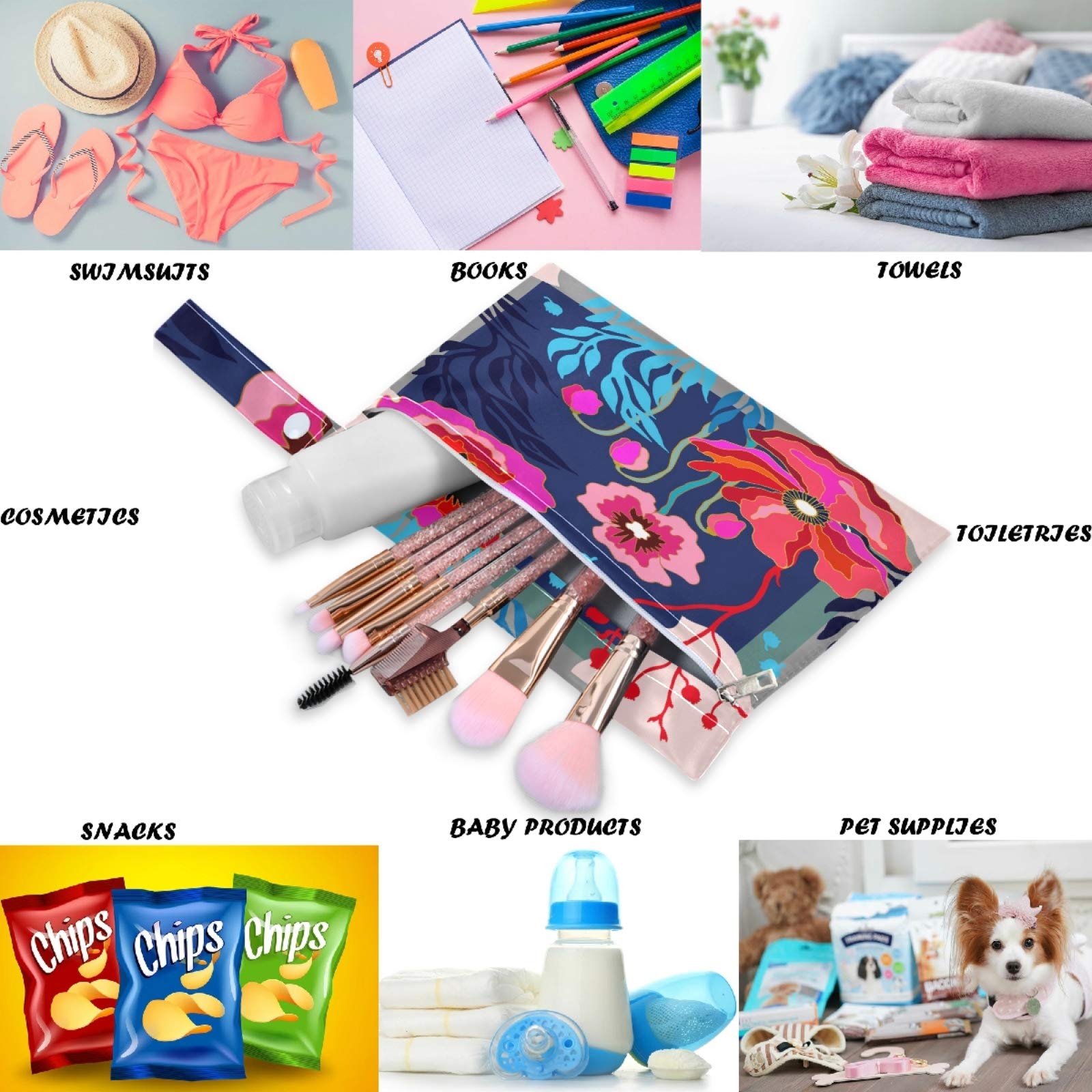 Visesunny 2-Pack Cute Floral Wet Bags with Zipper Pockets - Reusable Waterproof Washable Storage for Diapers, Swimsuits & Gym Clothes - Perfect for Travel, Beach, Pool, Daycare, Stroller & Toiletries Organization