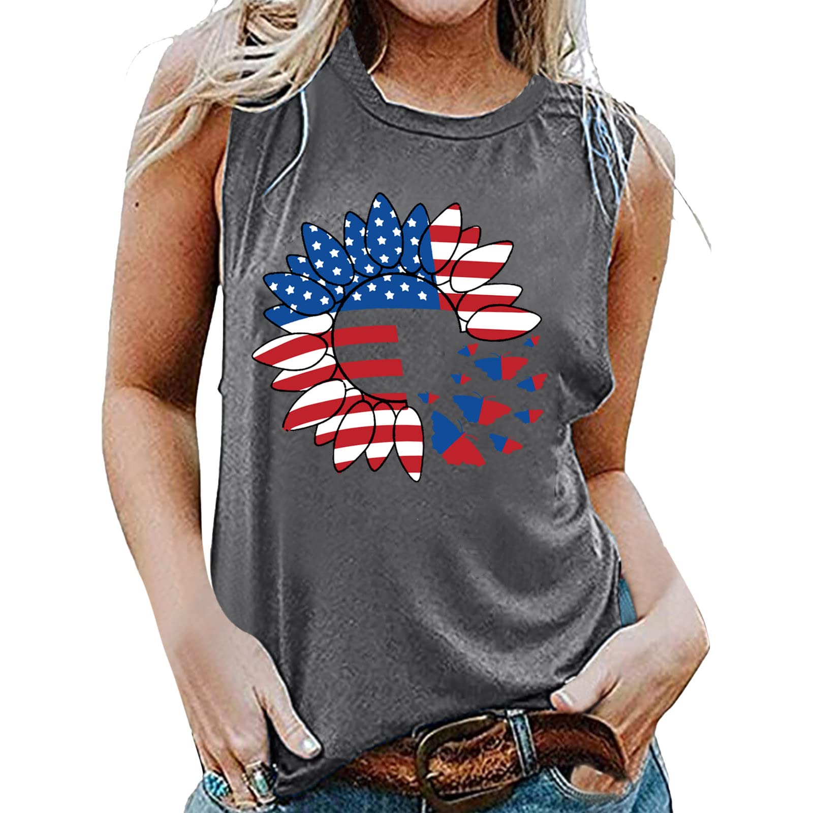 Women's Sleeveless Round Neck Printed Tank Top - Casual Summer T-Shirt & Blouse for Independence Day | Perfect for Outdoor Activities, Beach Wear & Daily Fashion