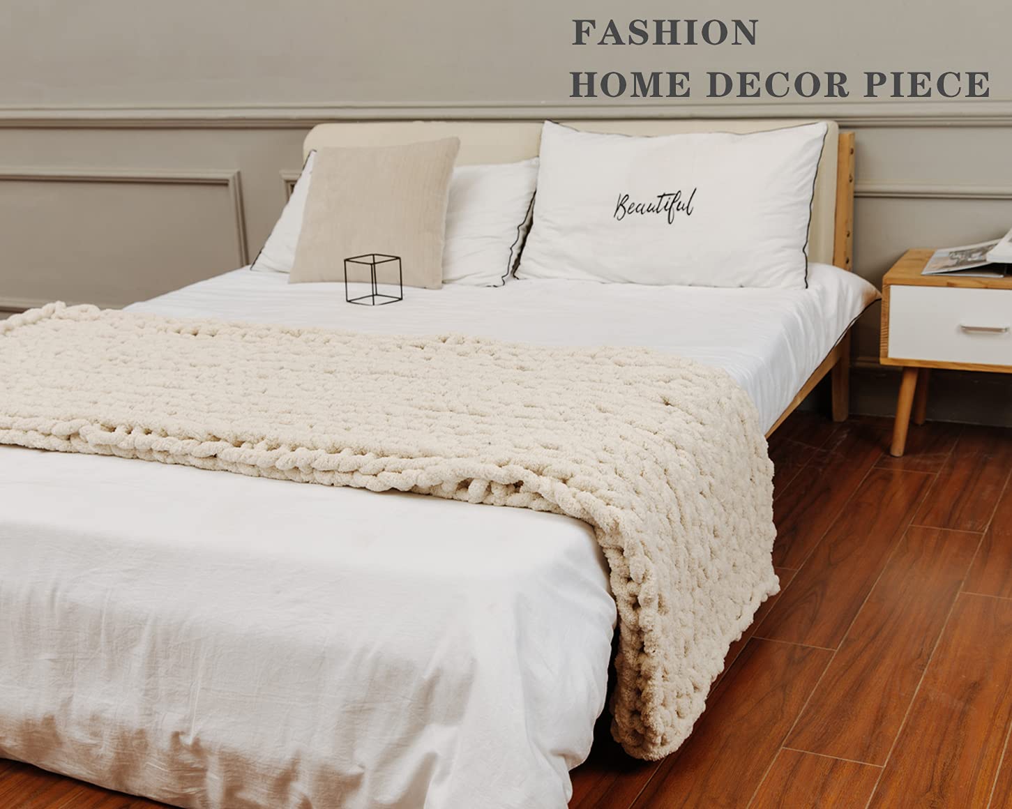 Alzoear Chunky Knit Throw Blanket - Chenille Handmade Cozy Warm Blanket for Sofa, Bedroom & Home Decor (Beige, 60
