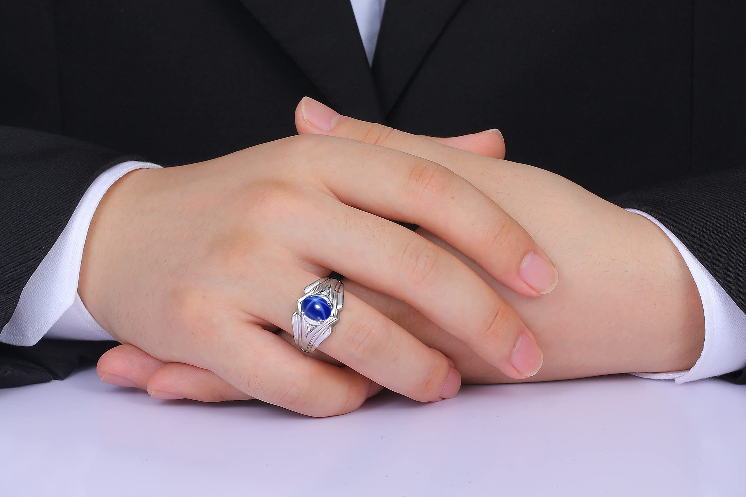 Men's Sterling Silver Birthstone Ring with Oval Gemstone & Diamond - Classic Designer Style 9x7mm (Sizes 8-13) | Perfect for Weddings, Anniversaries & Gifts