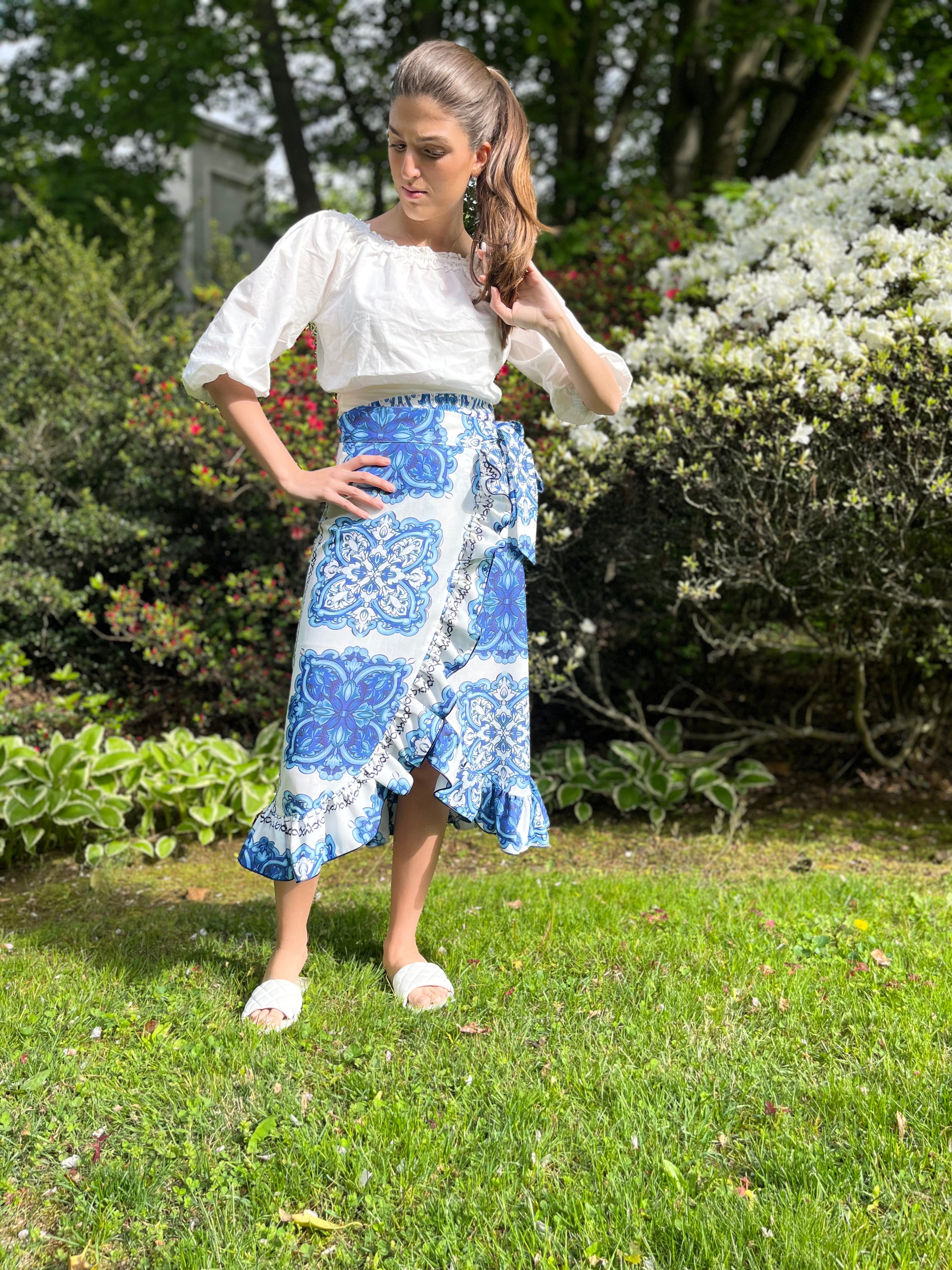 Blue and White Ruffle Wrap Skirt for Women - Flowy Summer Beach Skirt with Adjustable Waist | Perfect for Vacation, Date Night & Boho Outfits