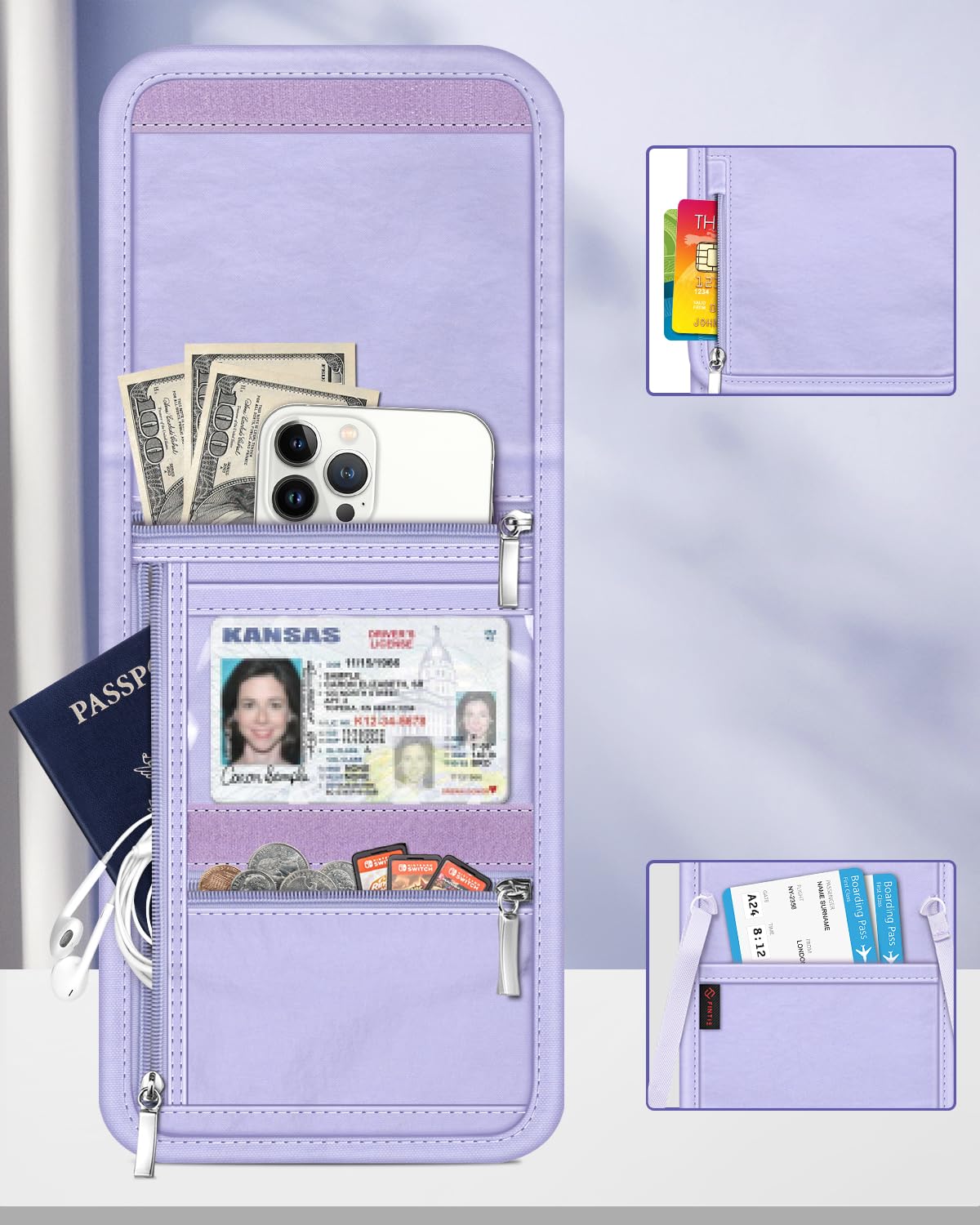 Fintie RFID Blocking Travel Neck Pouch - Adjustable Passport Holder Wallet for Women & Men with 5 Passport Capacity, Multi-Pockets & Skin-Friendly Design (Violet) - Perfect for Air Travel, Cruise Vacations & International Trips