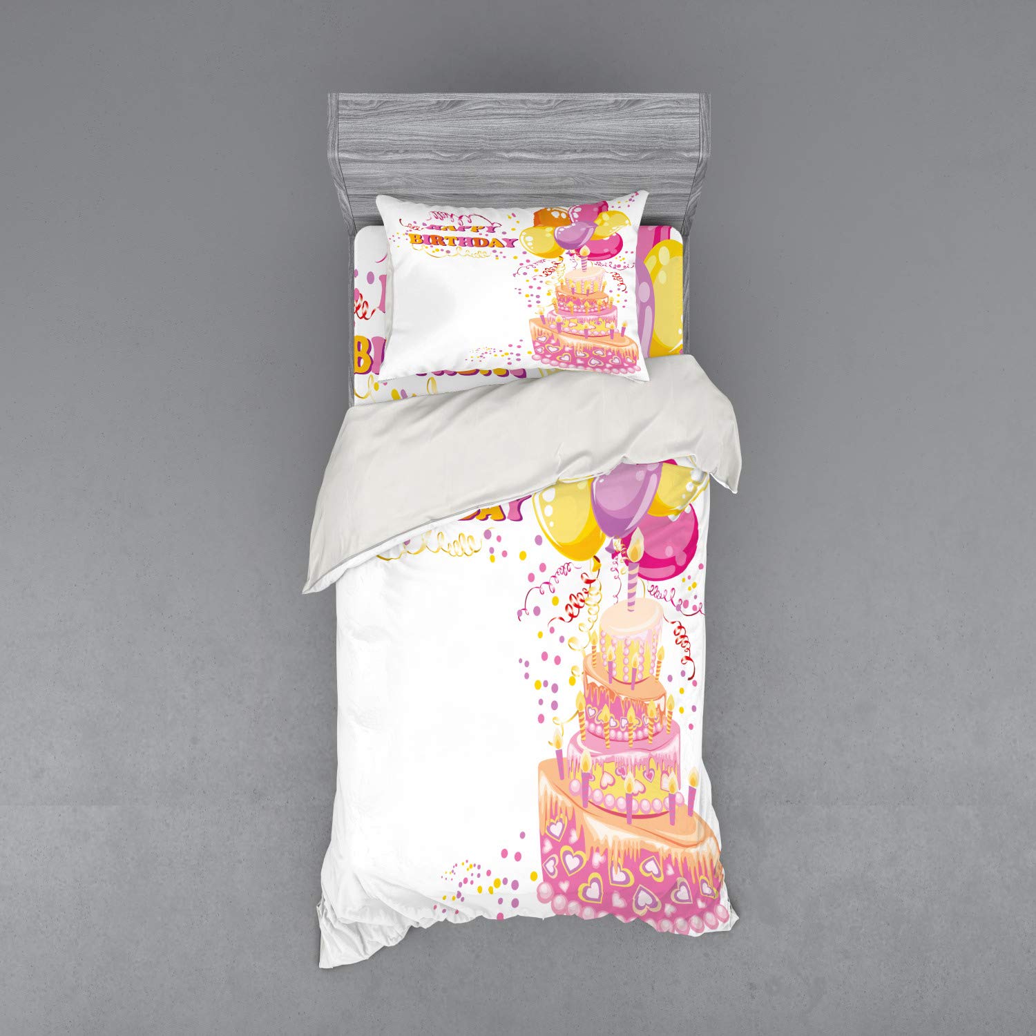 Ambesonne Birthday Party Duvet Cover Set - Celebration Girl Theme with Cake, Candles, Balloons & Hearts Print - 3 Piece Twin Size Bedding Set (Duvet Cover, Sham, Fitted Sheet) in Orange & Pink - Perfect for Kids' Birthday Parties, Sleepovers & Themed Bedrooms