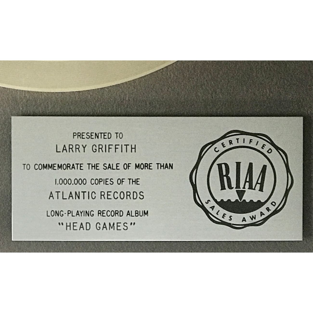 RIAA Platinum Album Award - Foreigner Head Games - Official Music Recognition Plaque - Perfect for Music Collectors, Fans & Home Decor