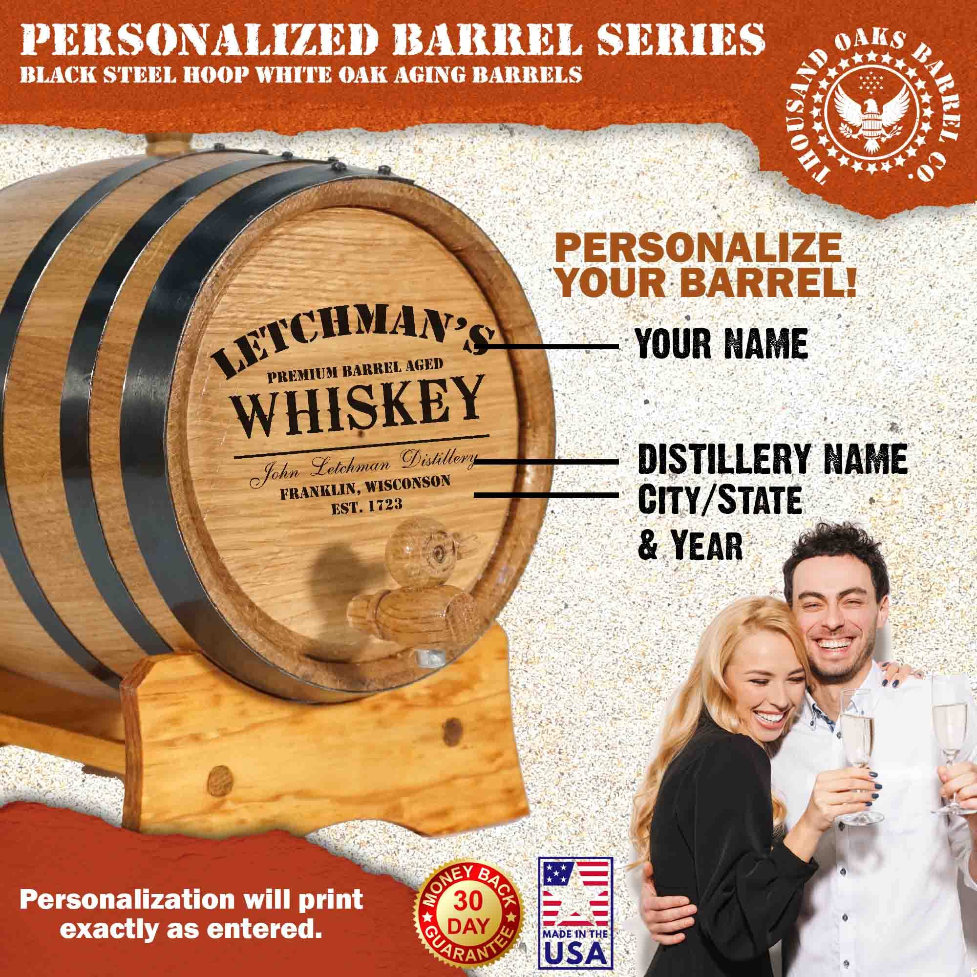 Personalized 3 Liter Oak Aging Barrel with Stand - Custom Laser Engraved 3L Whiskey Barrel Kit for Bourbon, Rum, Tequila & Cocktails | Includes Bung & Spigot | Perfect for Home Brewing, Wine Making & Craft Spirit Aging