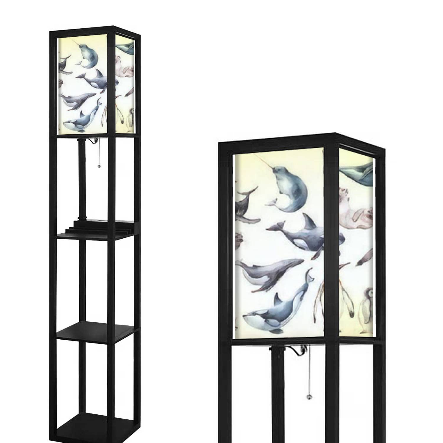 Modern Arctic Animals Watercolor Clipart Floor Lamp with Shelves, USB Ports & Power Outlet - Ocean Sea Whale Narwhal Killer Whale Design, Linen Fabric Shade, Tall Corner Standing Lamp for Living Room, Bedroom, Office - Perfect for Reading, Decor & Ambient Lighting