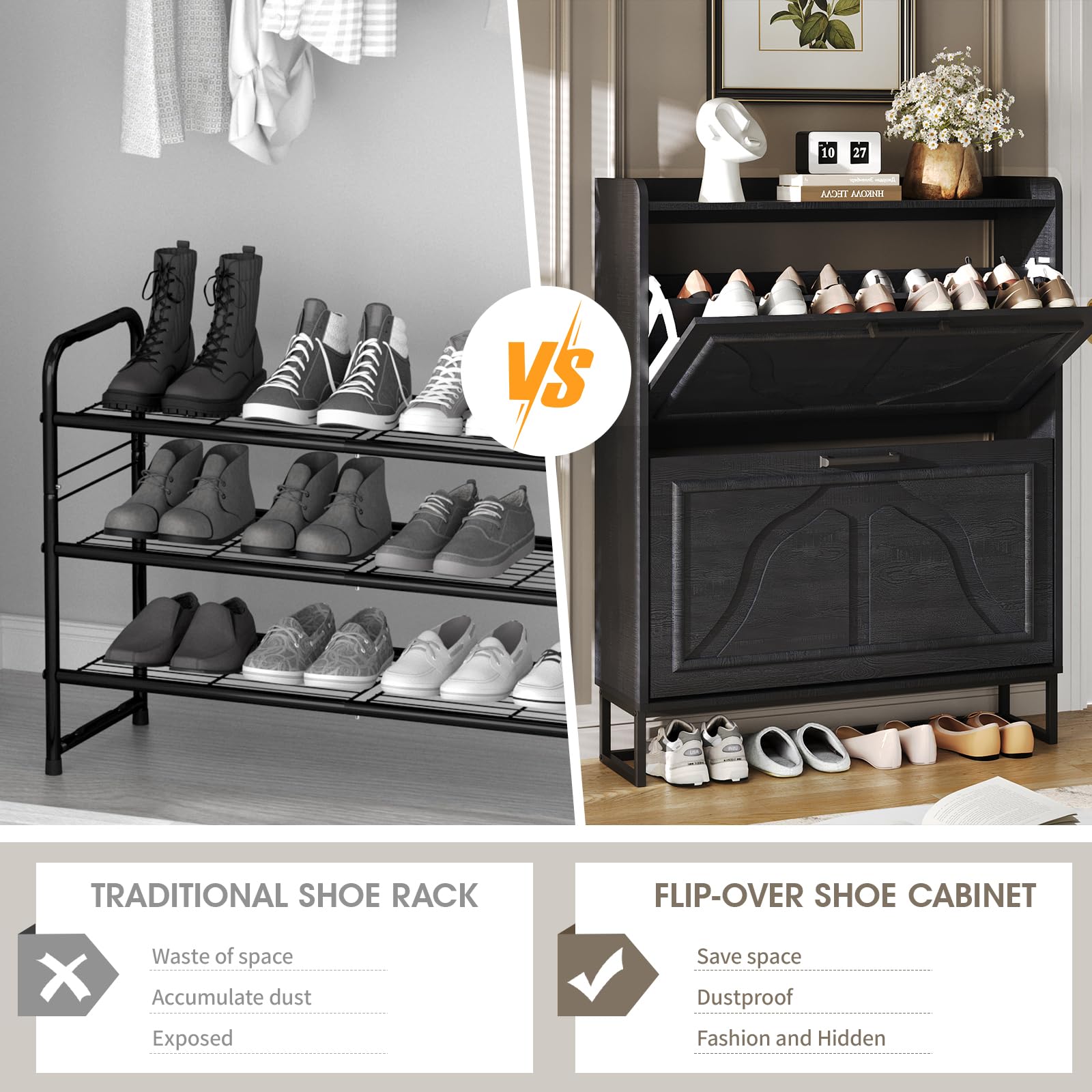 Maupvit 2-Tier Flip-Door Shoe Cabinet - Freestanding Entryway Shoe Storage Organizer with Metal Legs, Slim Space-Saving Design for Hallway, Closet & Apartment - Perfect for Small Spaces & Shoe Organization (Black)
