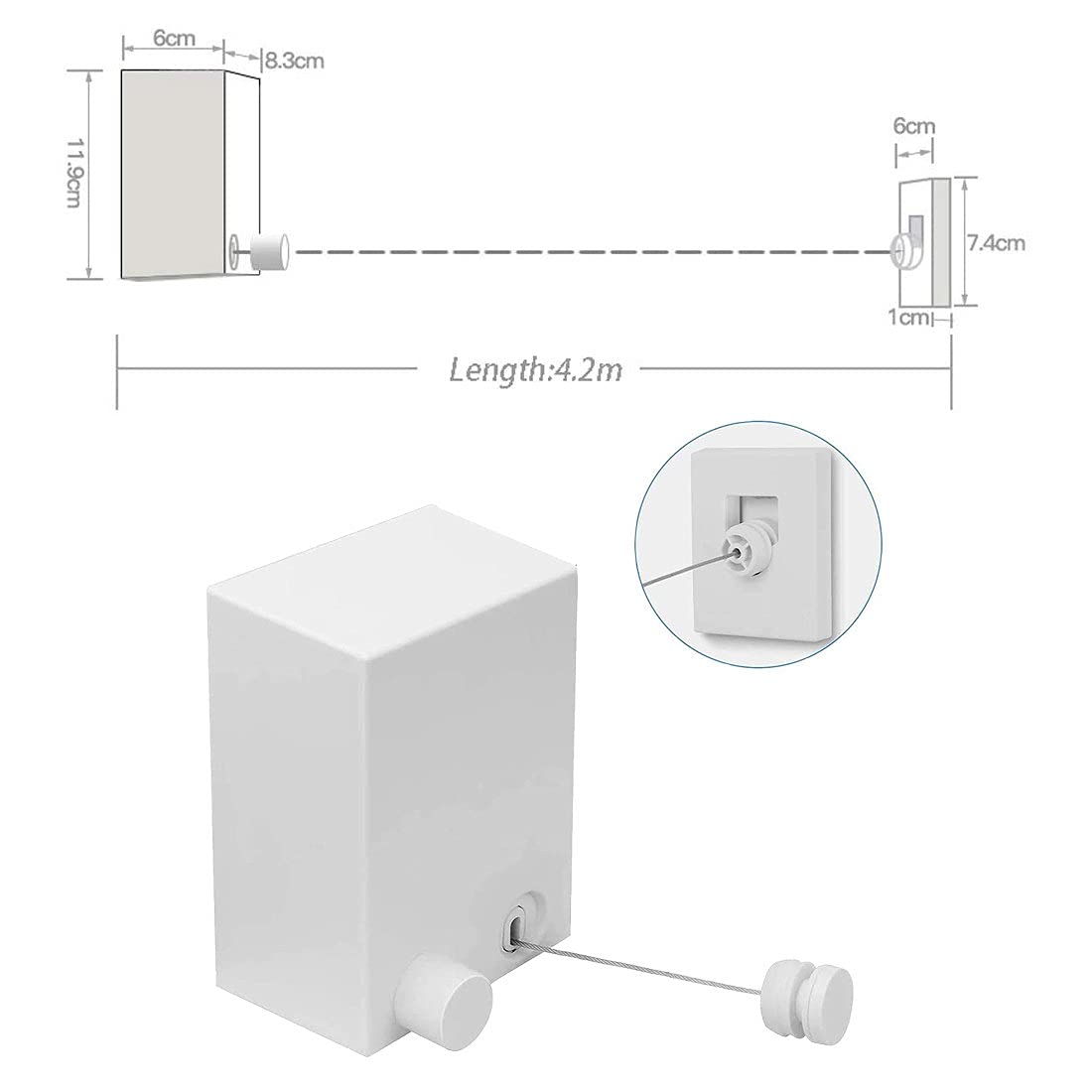 4.2M Retractable Clothesline - Heavy Duty Wall Mounted Laundry Drying Rack with Adjustable Stainless Steel Rope for Balcony, Bathroom, Hotel - White | Space Saving Clothes Drying Solution for Small Homes & Apartments