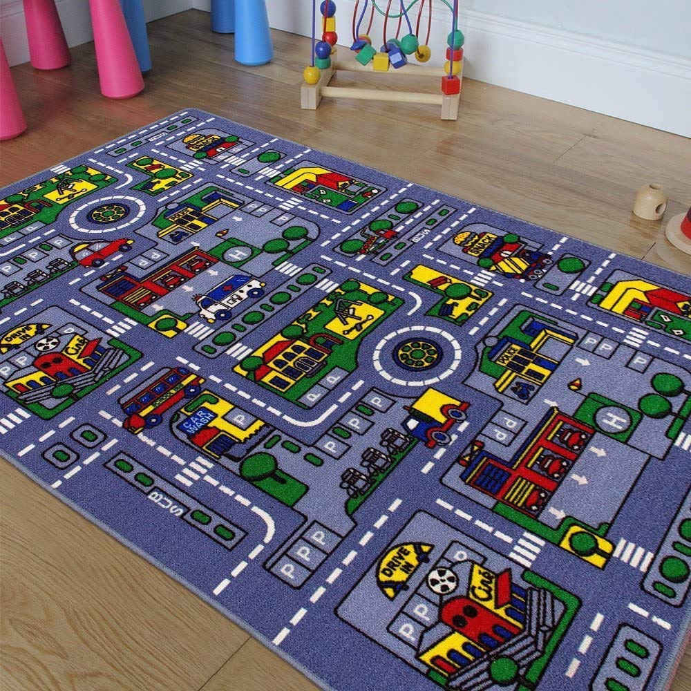 Champion Kids Play Rug - 8x10 Feet Non-Slip Area Rug for Baby Room, Daycare, Classroom & Playroom - City Roads Map with Train Tracks & Toy Cars Design - Perfect for Learning, Playtime & Room Decor