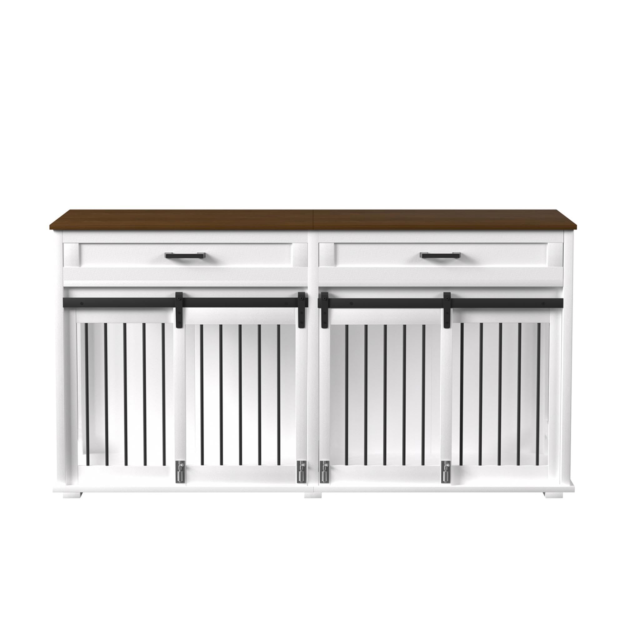 MUPATER Large Dog Crate Furniture for 2 Dogs - Double Wooden Dog Cage Table with Removable Divider, 2 Storage Drawers & Safety Locks | Indoor Pet Kennel Furniture for Living Room, Bedroom & Office (White)