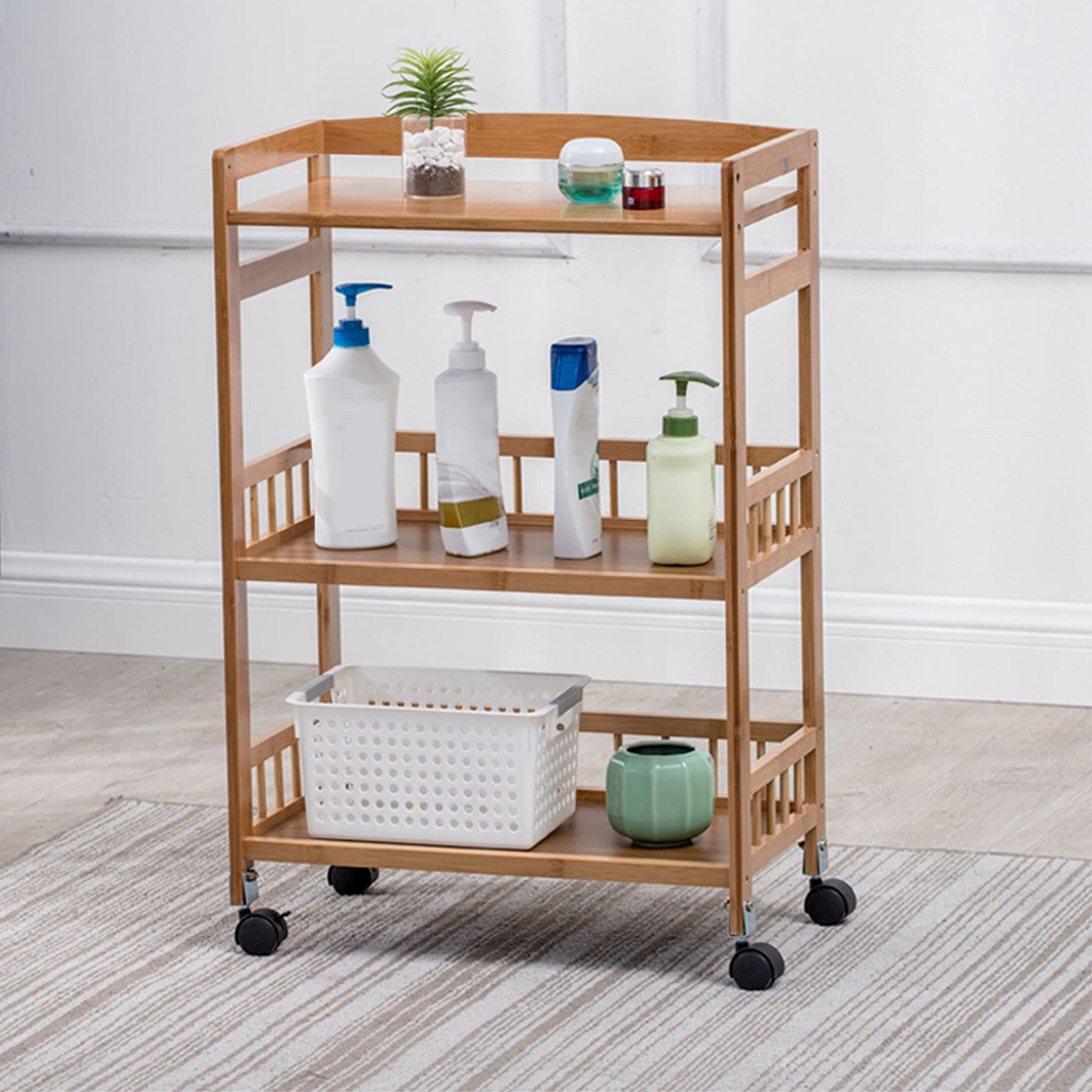 DYRABREST 3-Tier Rolling Kitchen Cart with 4 Wheels - Wooden Storage Shelves & Basket - Mobile Bar Cart for Kitchen, Dining Room, or Party (20.8 x 11.8 x 31.4 Inches) - Perfect for Serving Food, Drinks, or Organizing Spices & Liquor Bottles